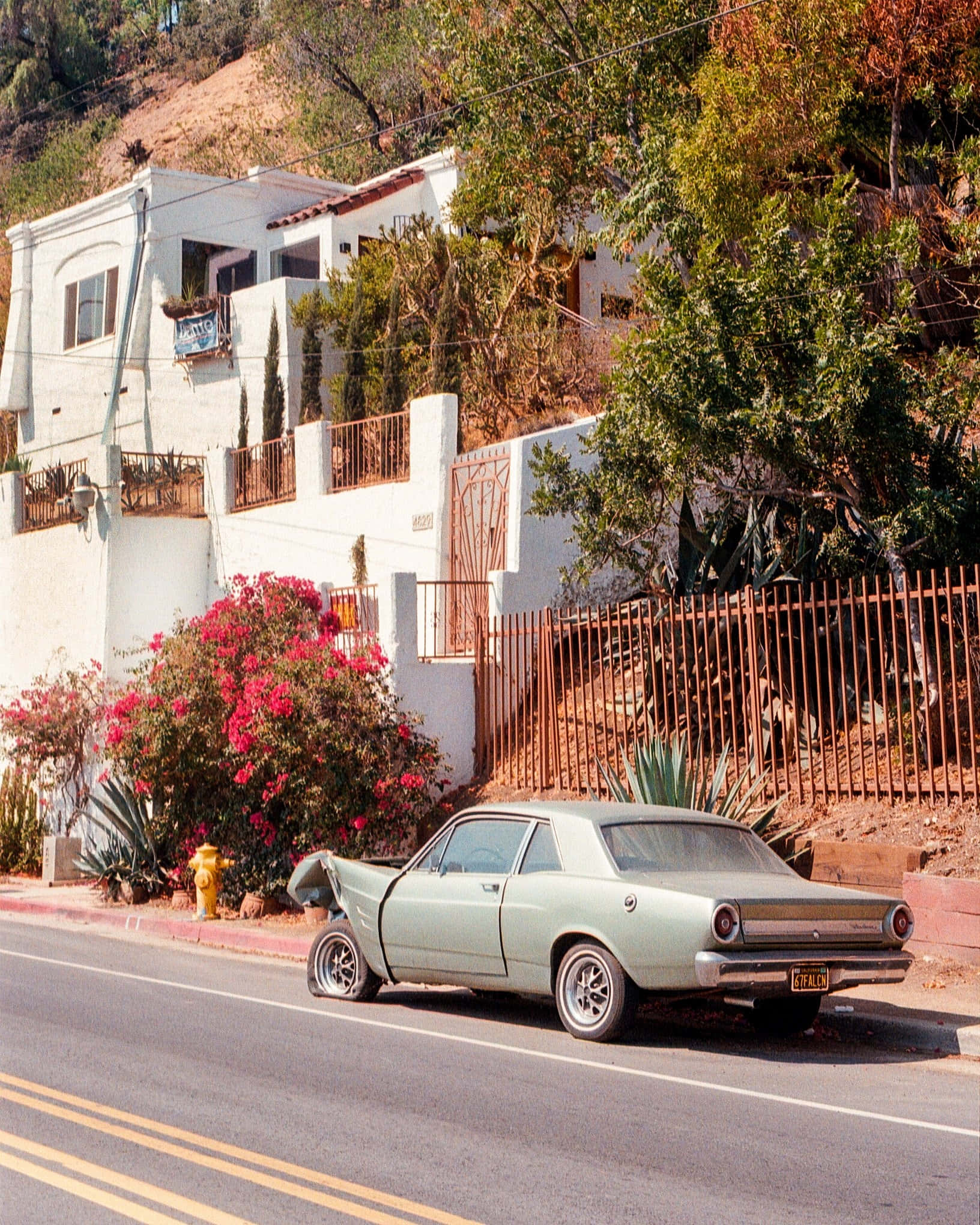 vintage mint green car, sunlit street, white stucco house, Full HD Phone Wallpaper