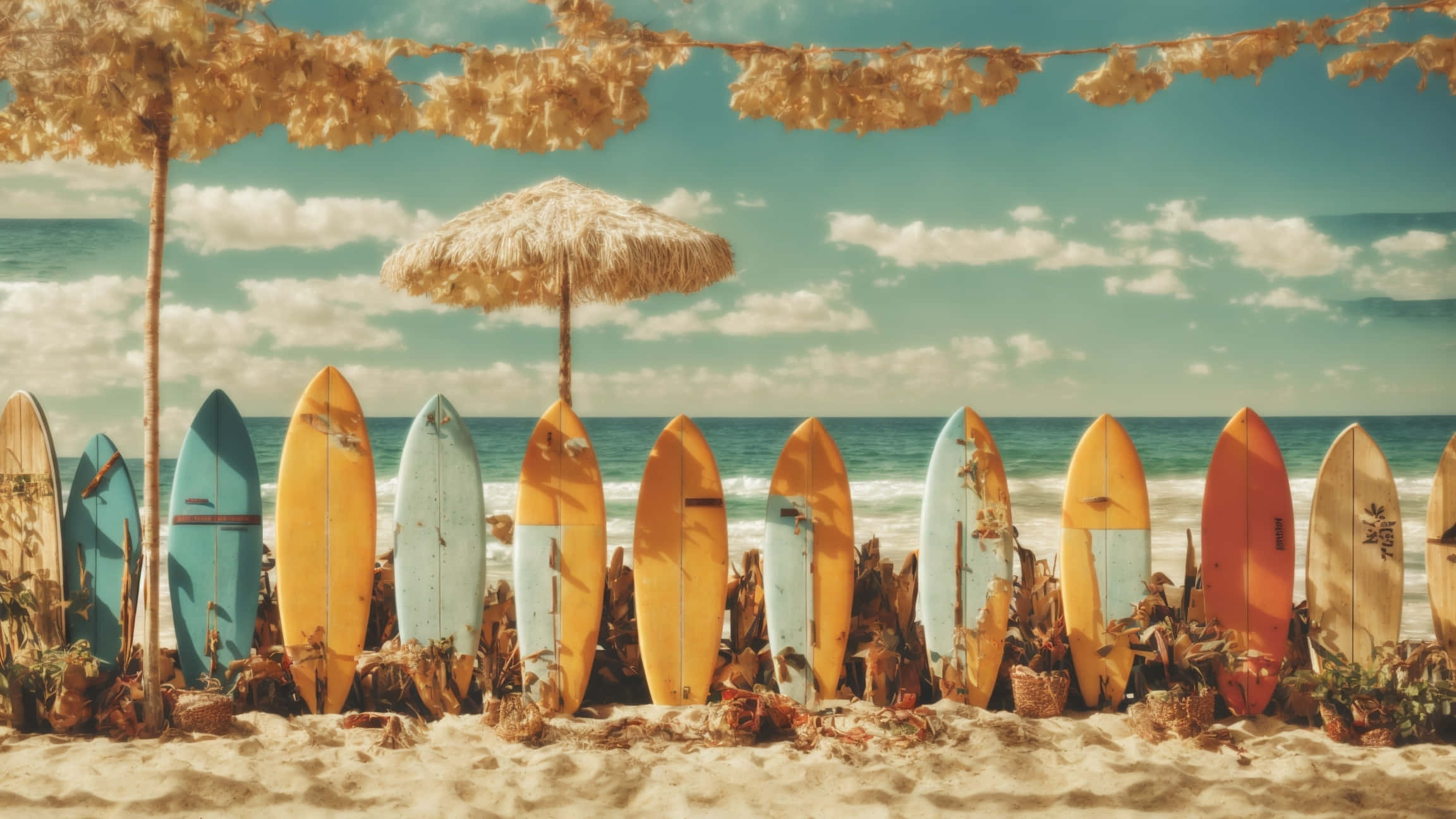 surfboards, sandy beach, straw umbrellas, Full HD Desktop Wallpaper