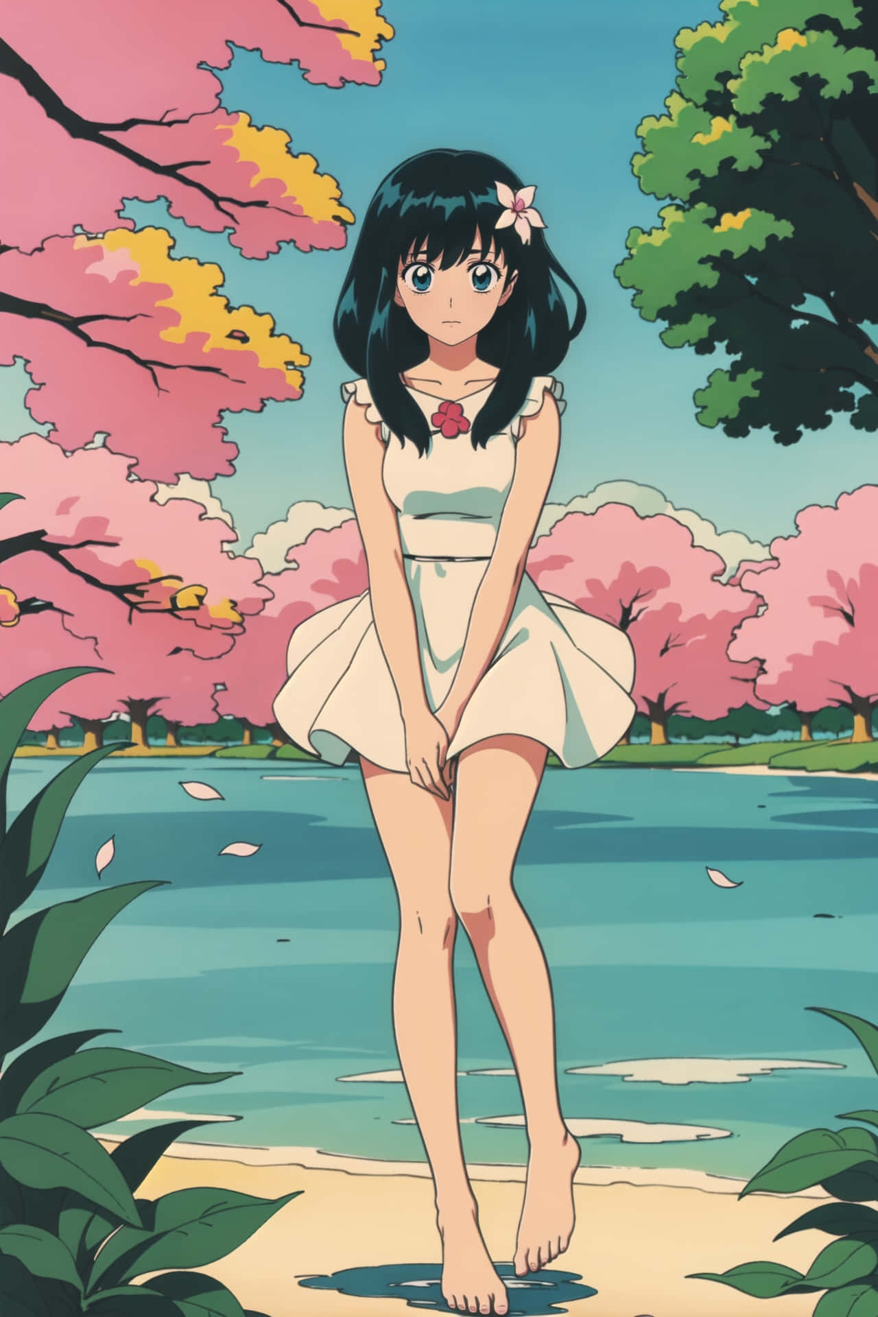 Retro Summer Anime Girl, white dress, lakeside, Full HD Phone Wallpaper