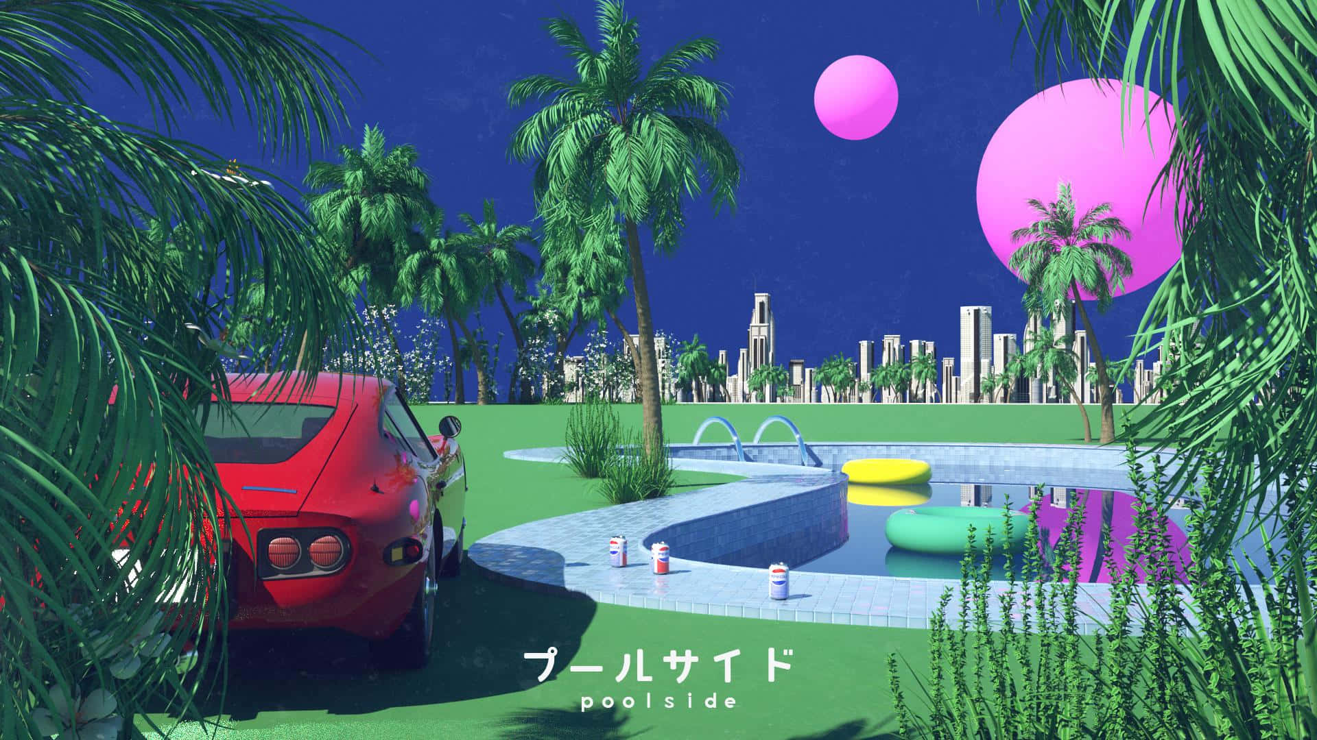 red sports car, neon pink moons, tropical cityscape, Full HD Desktop Wallpaper