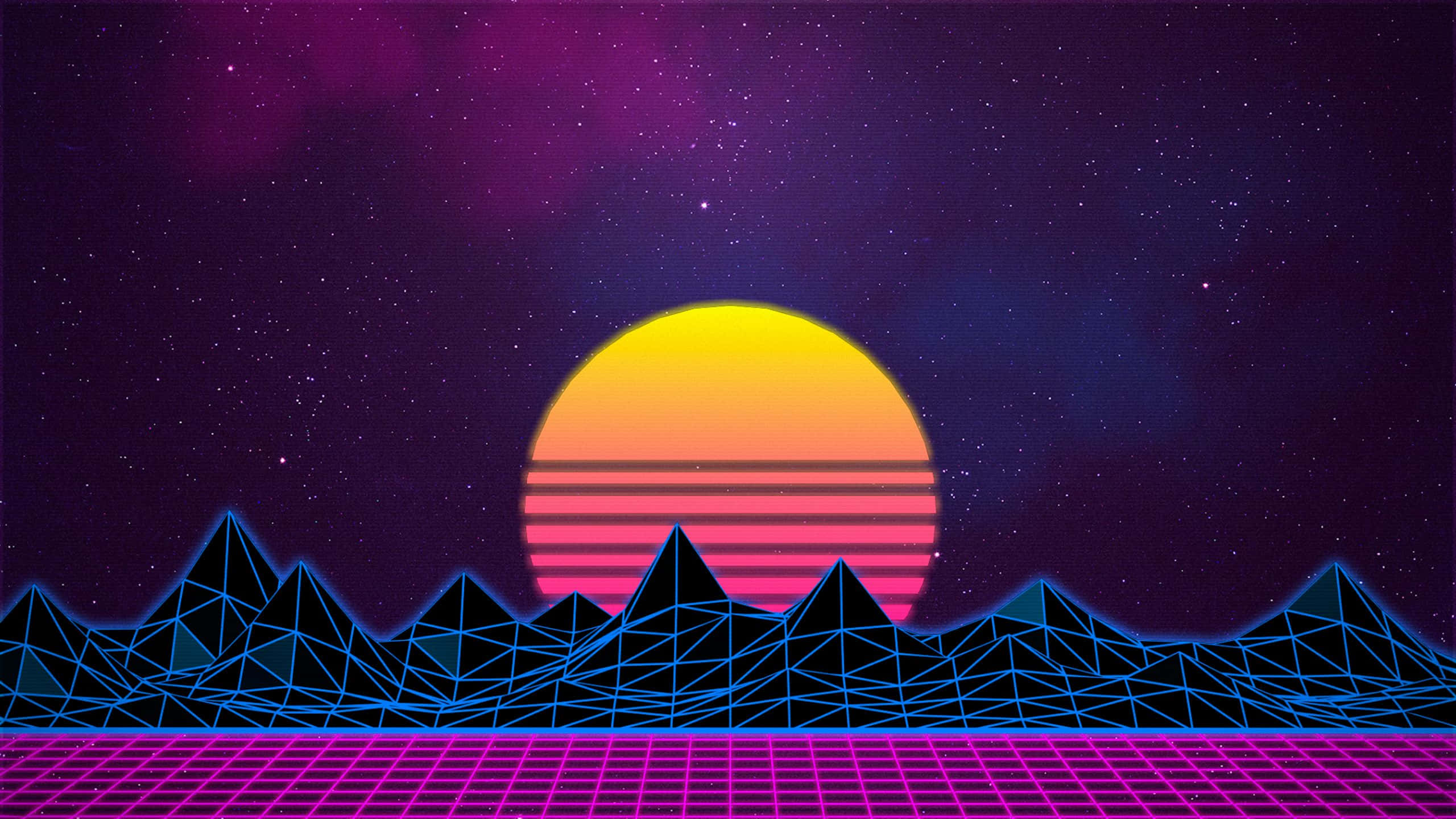 neon sunset, geometric mountains, grid floor, 2K Desktop Wallpaper