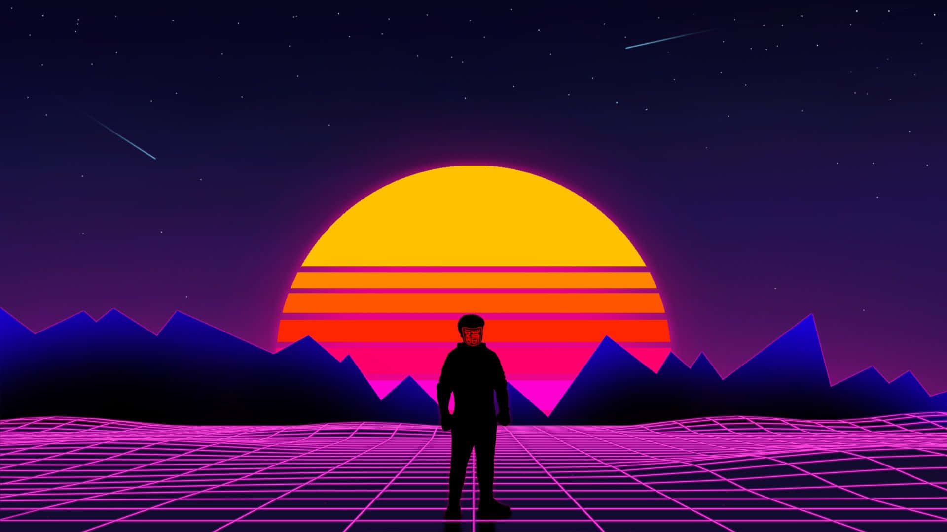 Retro Sunset, glowing purple grid, massive sunset, Full HD Desktop Wallpaper
