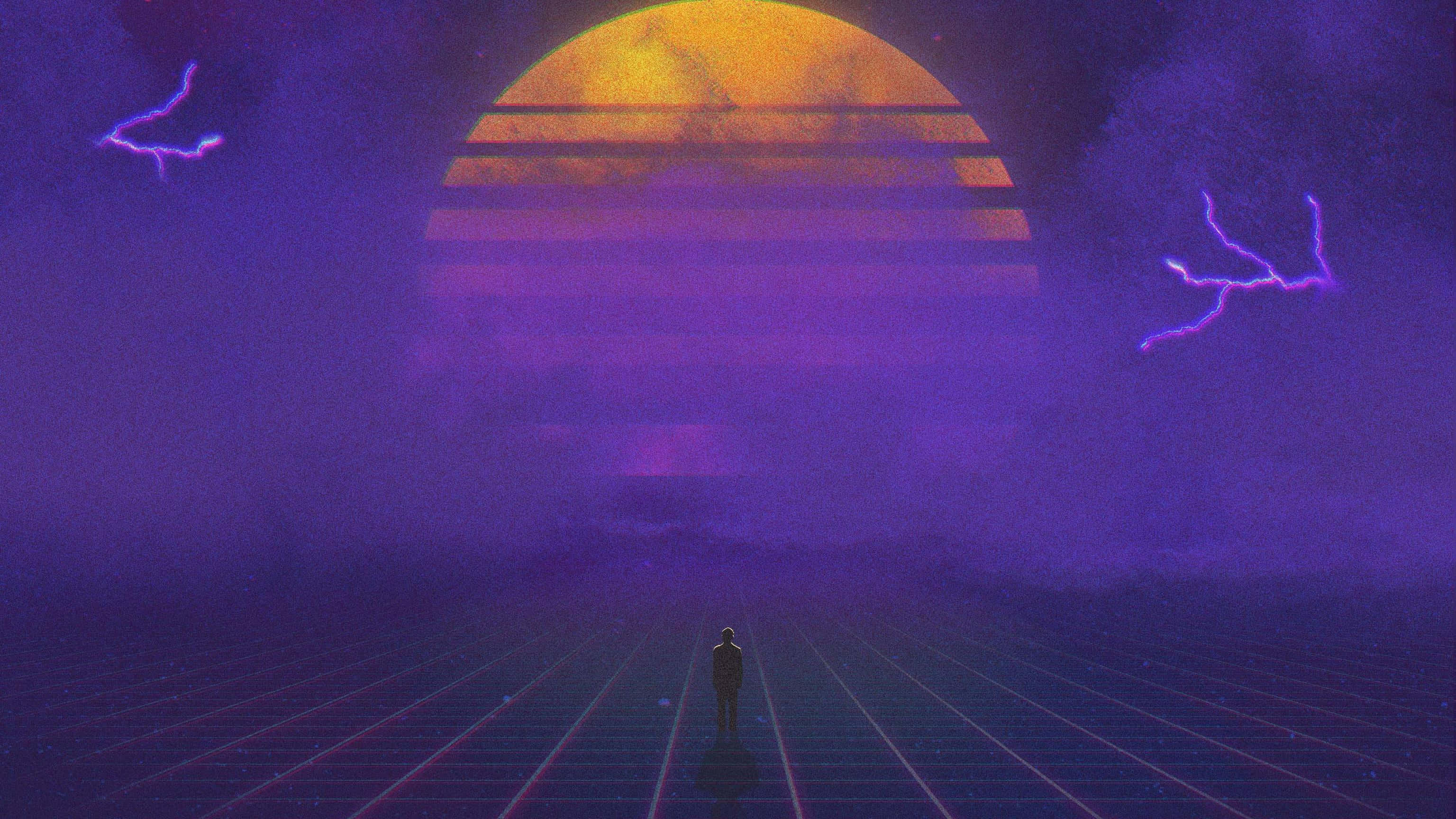 Retro Sunset, glowing grid, massive striped sunset, 2K Desktop Wallpaper