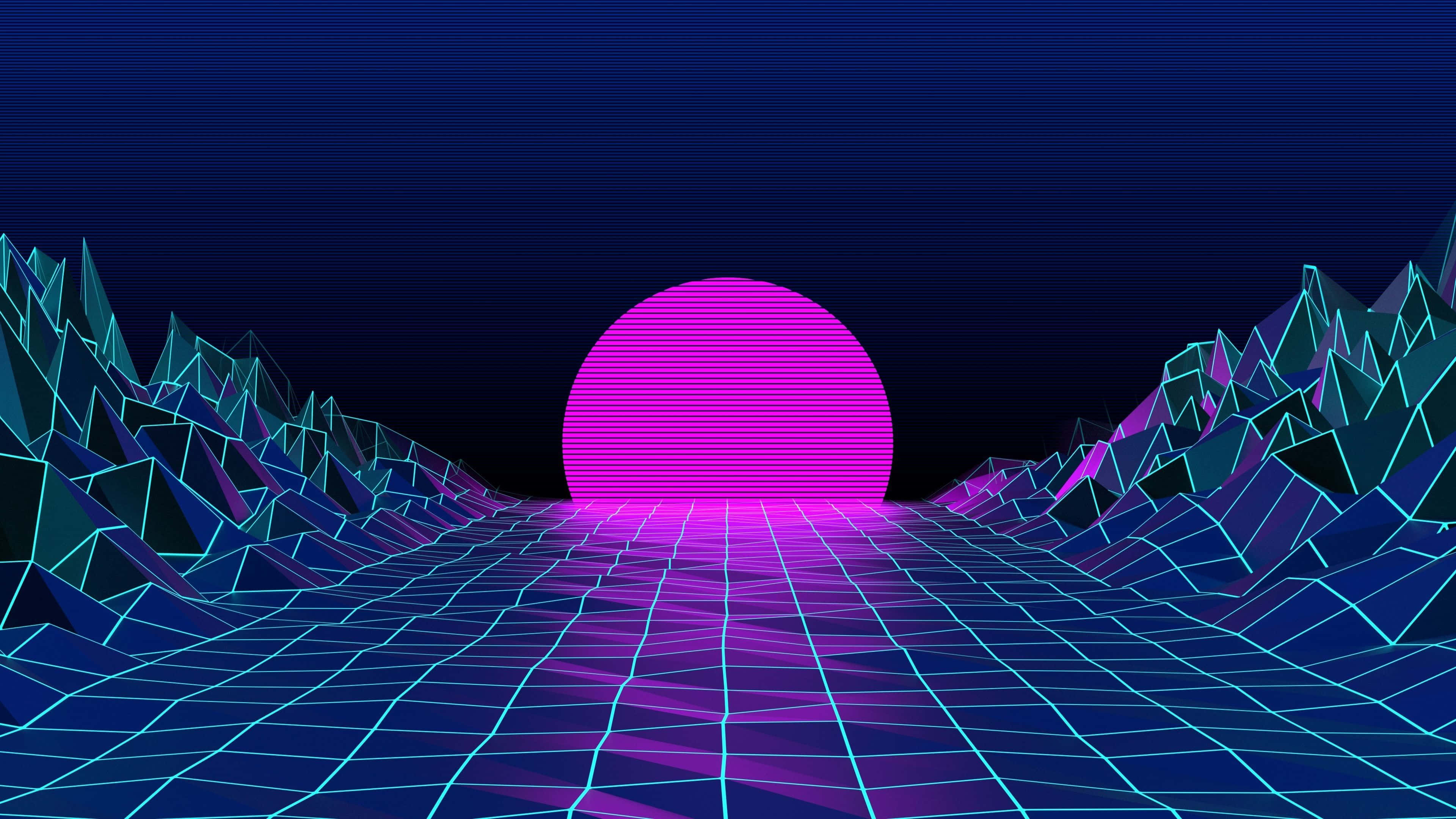 retro sunset, neon pink sun, glowing geometric mountains, 4K Desktop Wallpaper