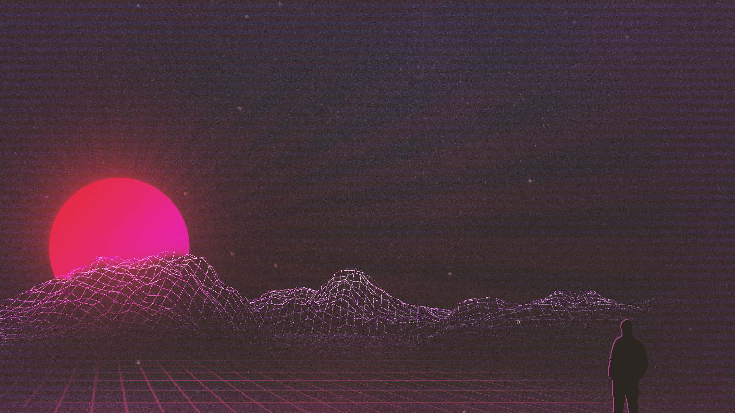 retro-futuristic digital landscape, glowing wireframe mountains, vibrant pink sun, 2K Desktop Wallpaper