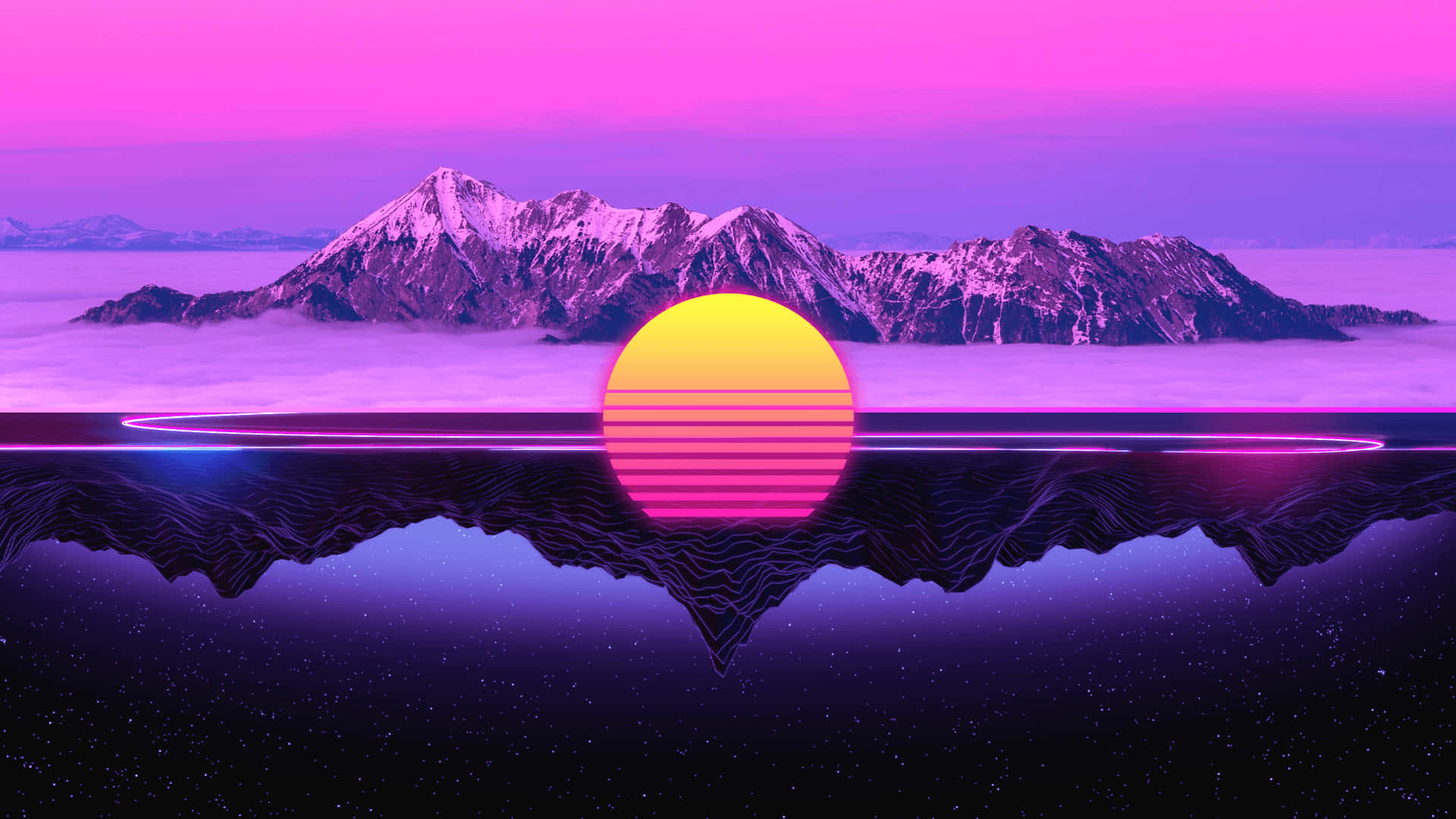 retrofuturistic, sun, snowy mountains, Full HD Desktop Wallpaper