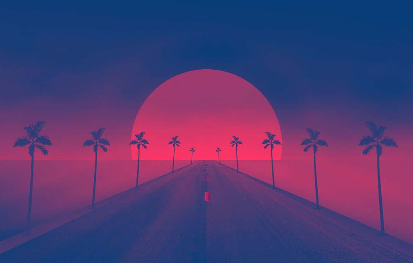 Retro Sunset, desert road, palm trees, HD Desktop Wallpaper