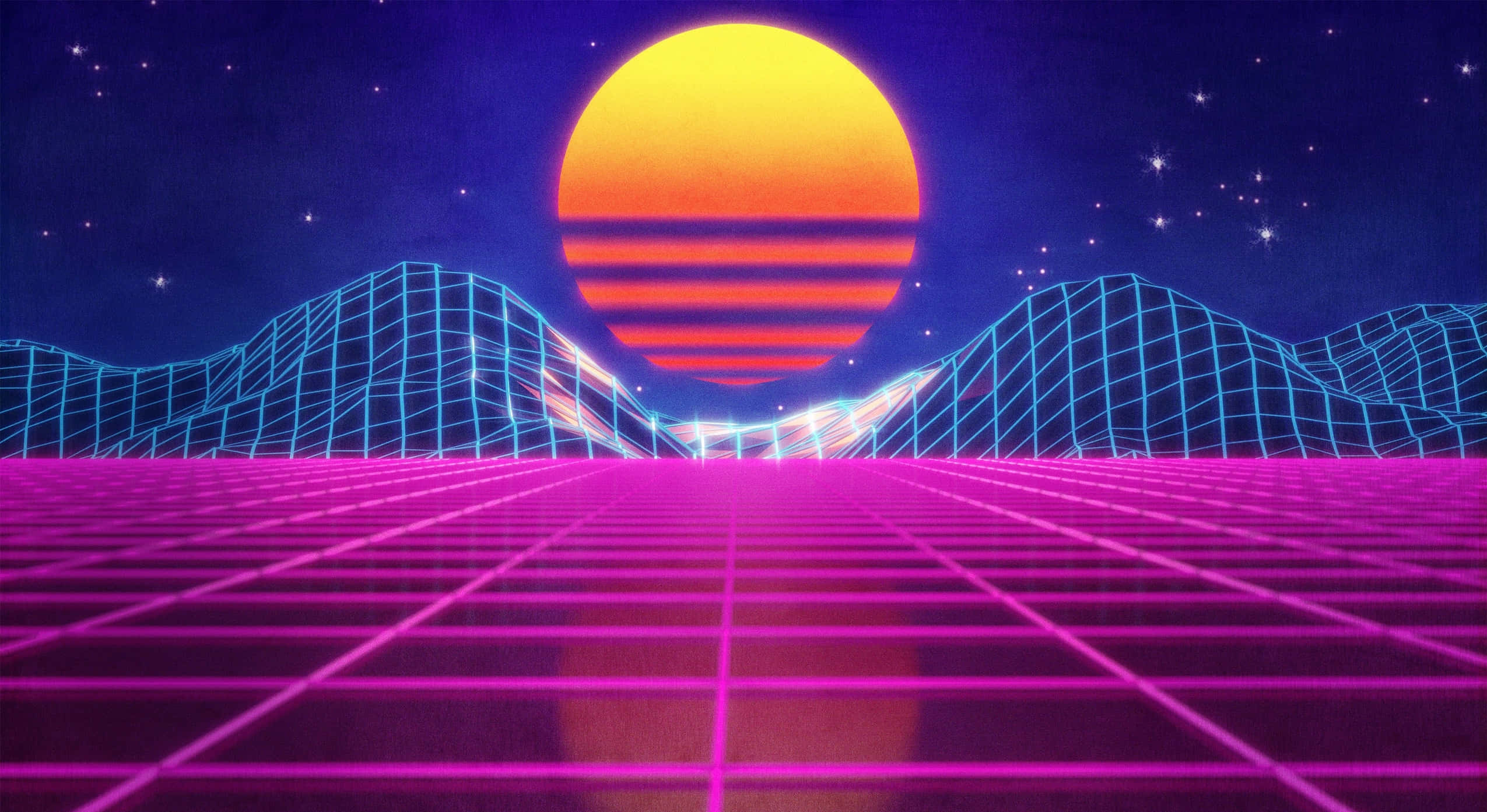 Retro Sunset, golden sunset, neon grid landscape, Full HD Desktop Wallpaper