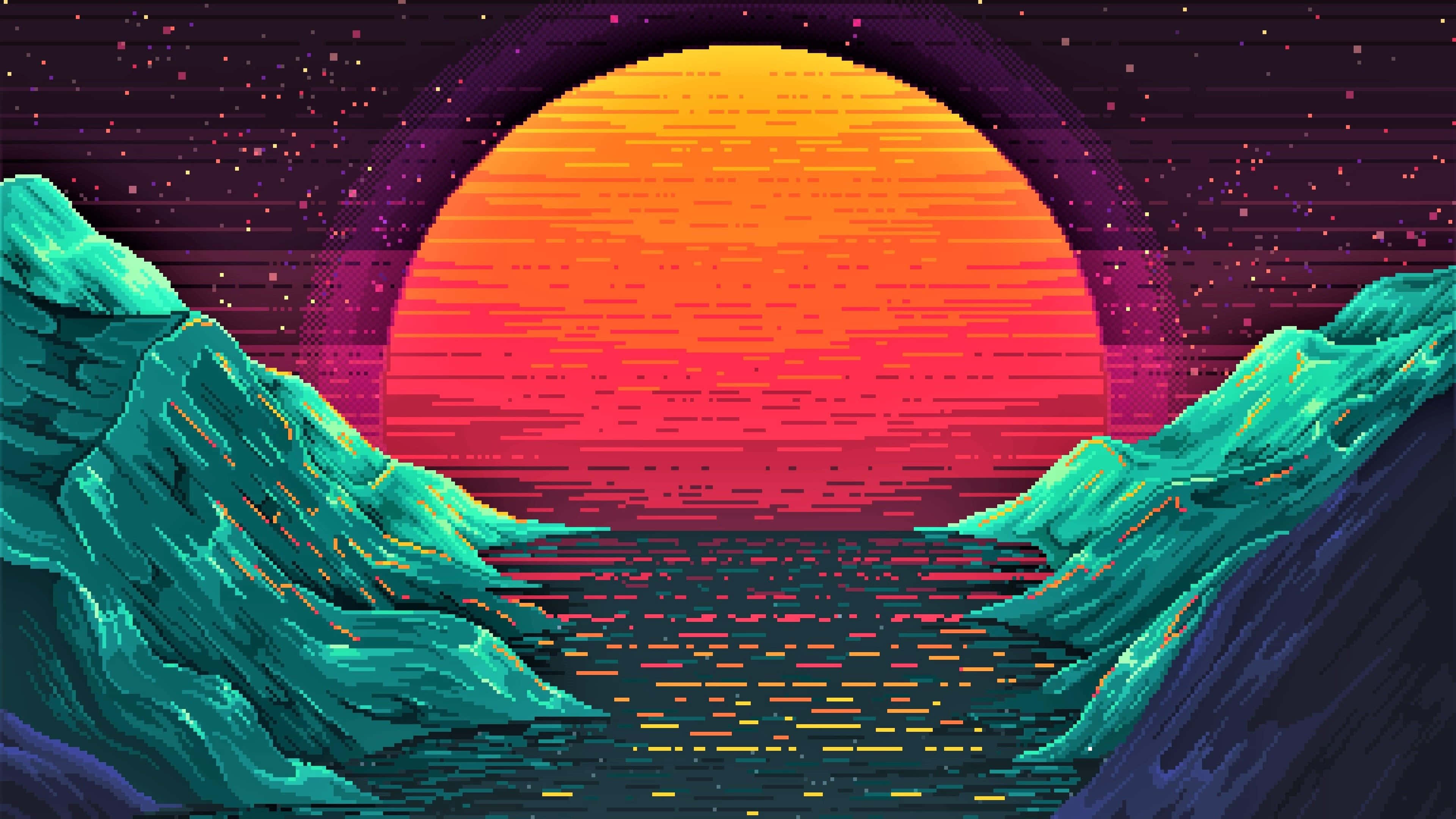 retro sunset, orange sun, teal mountains, 4K Desktop Wallpaper