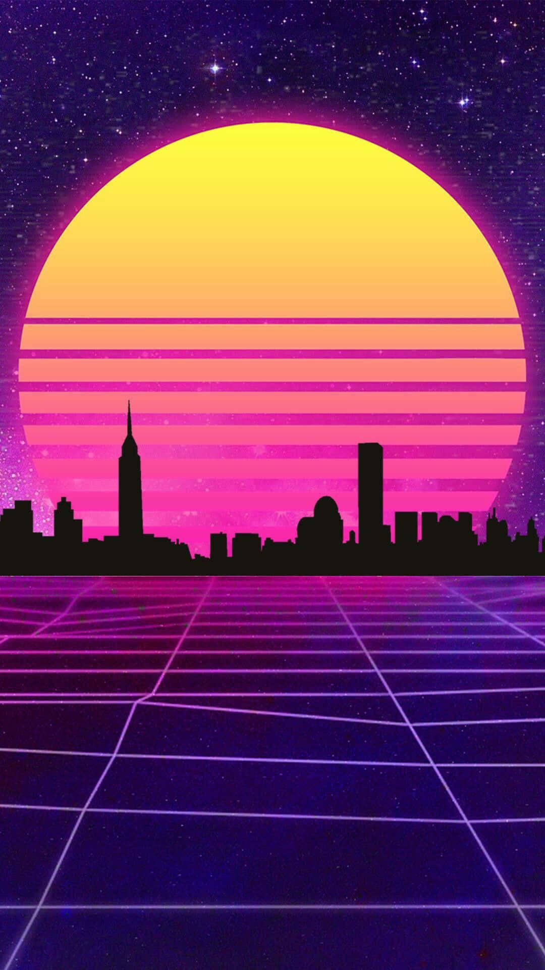 80s vaporwave, neon sunset, retrofuturistic city skyline, Full HD Phone Wallpaper