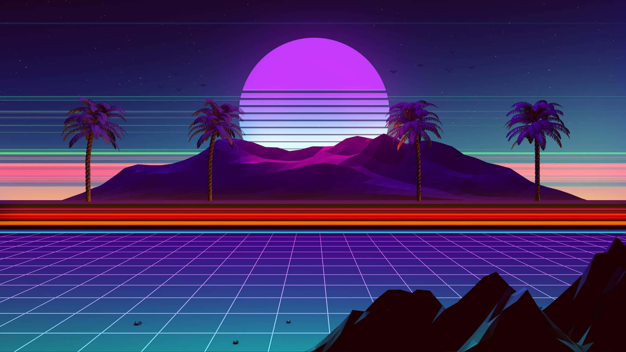 Retro Sunset, glowing purple sun, palm trees, Full HD Desktop Wallpaper