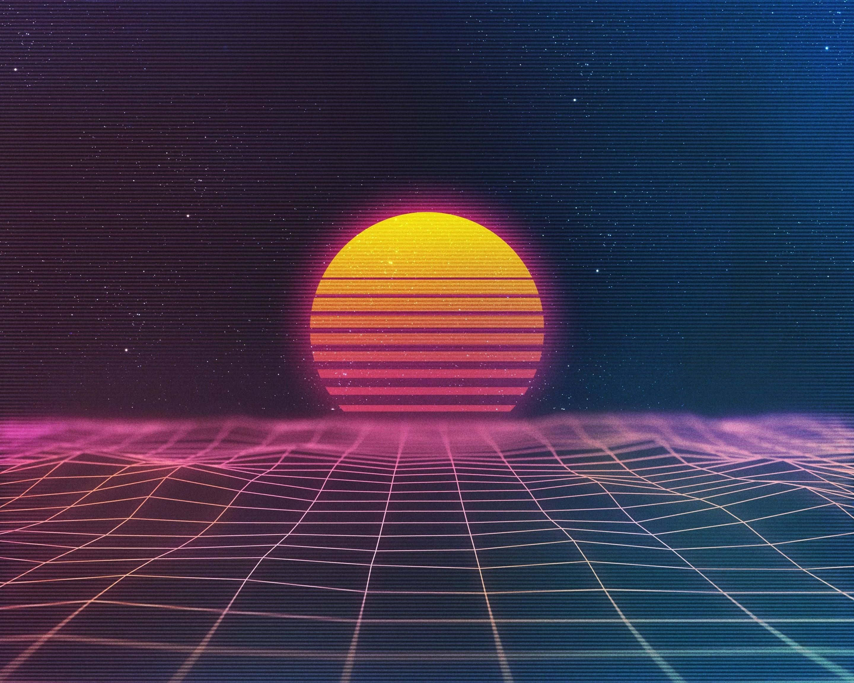 retro sunset, neon grid horizon, starry digital sky, 2K Desktop Wallpaper