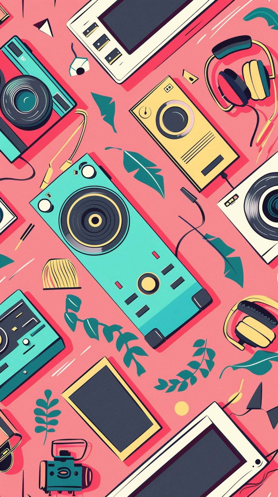 retro musicand technology pattern, vibrant pink background, retro tech gadgets, Full HD Phone Wallpaper