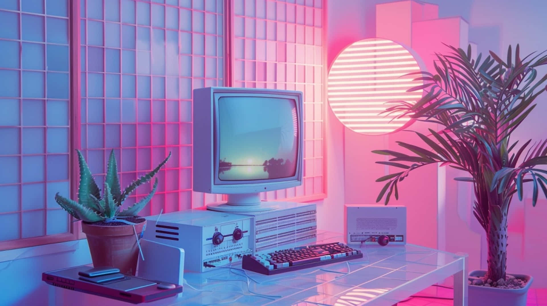 retro computer setup, pink and blue neon light, potted plants, Full HD Desktop Wallpaper
