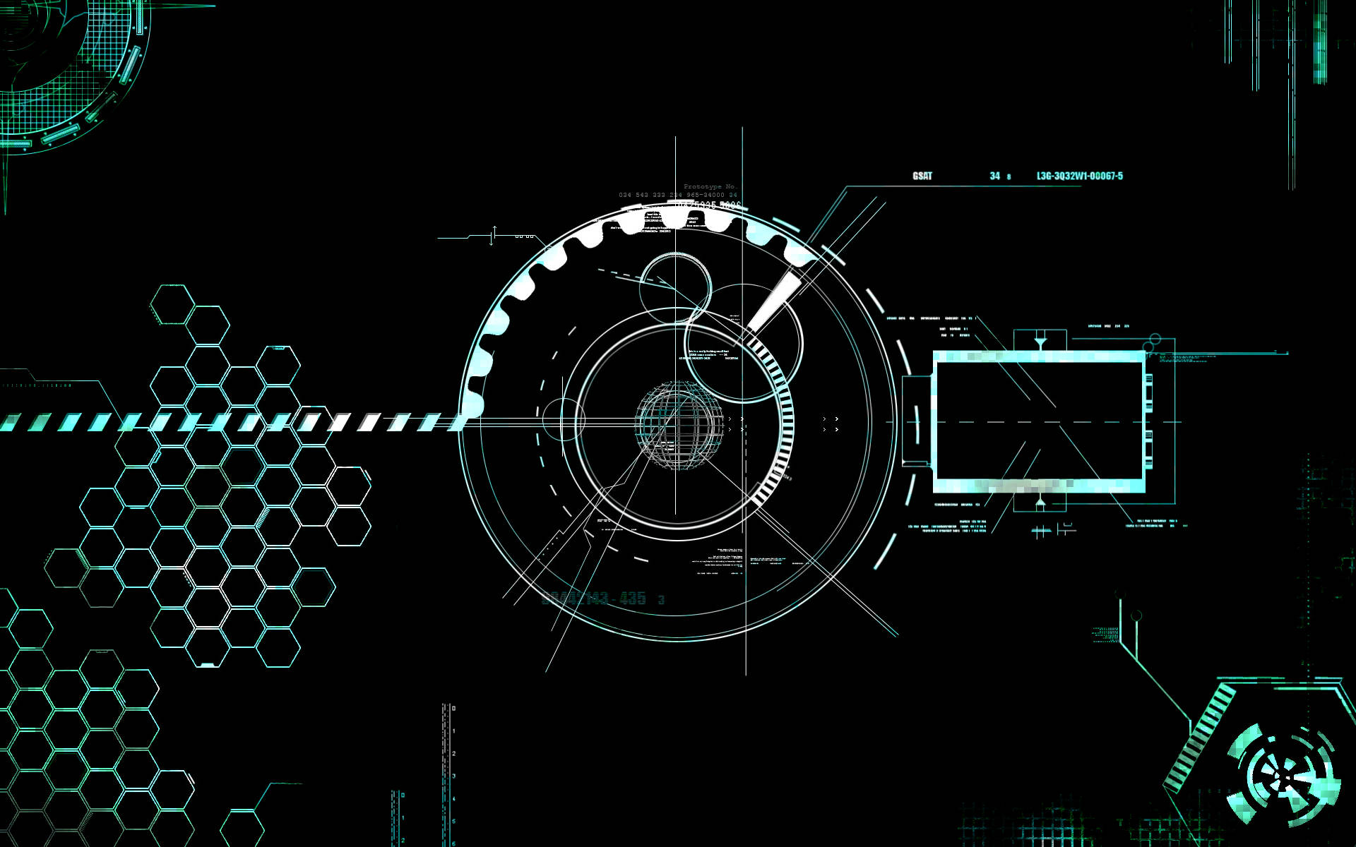 glowing teal holographic elements, hexagonal patterns, black background, Full HD Desktop Wallpaper