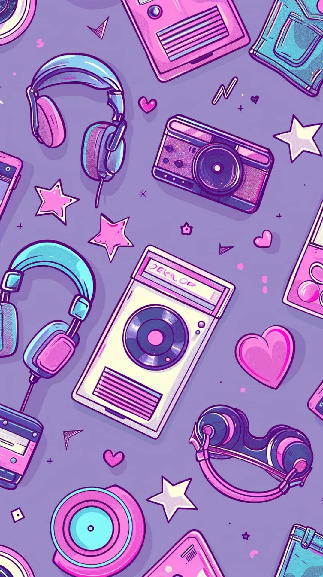 Retro Tech Pattern_00s Aesthetic, purple background, hearts, Full HD Phone Wallpaper