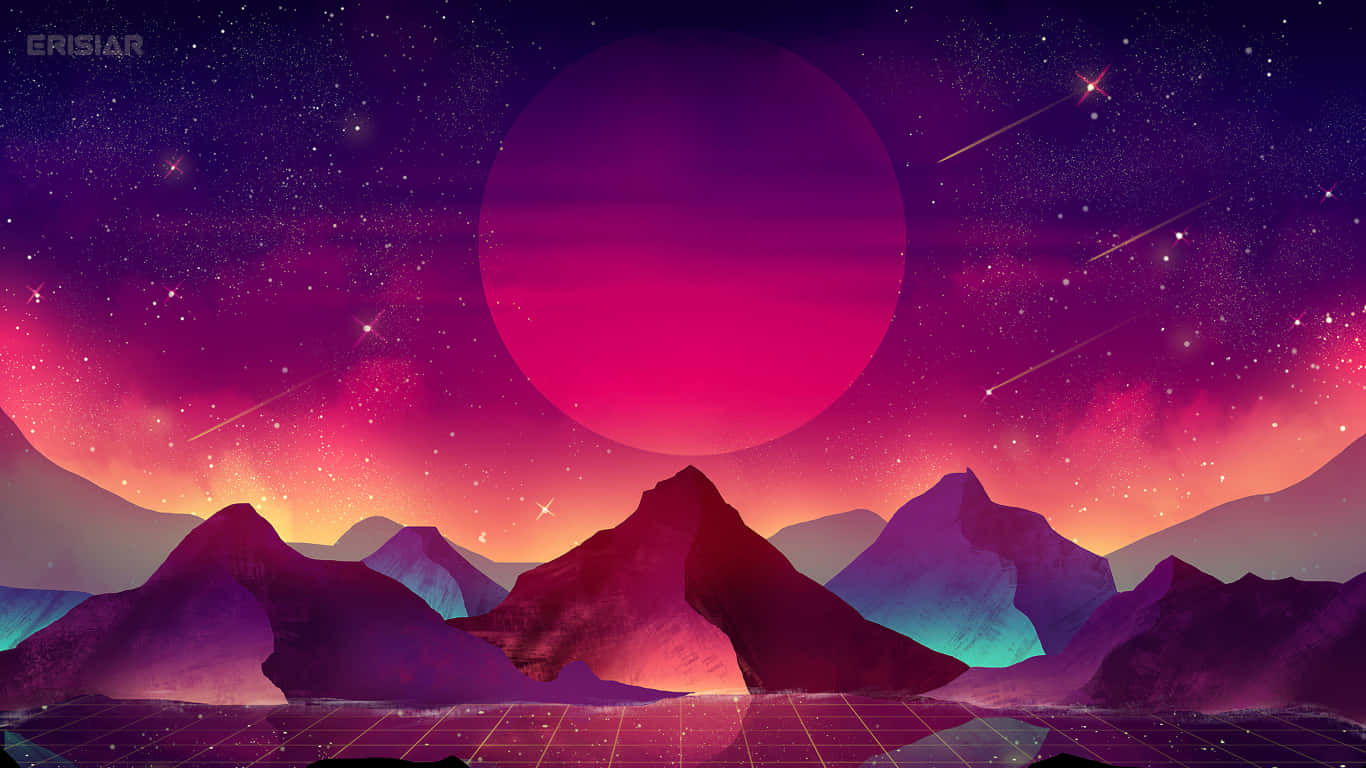 vaporwave tablet, glowing pink planet, shooting stars, HD Desktop Wallpaper