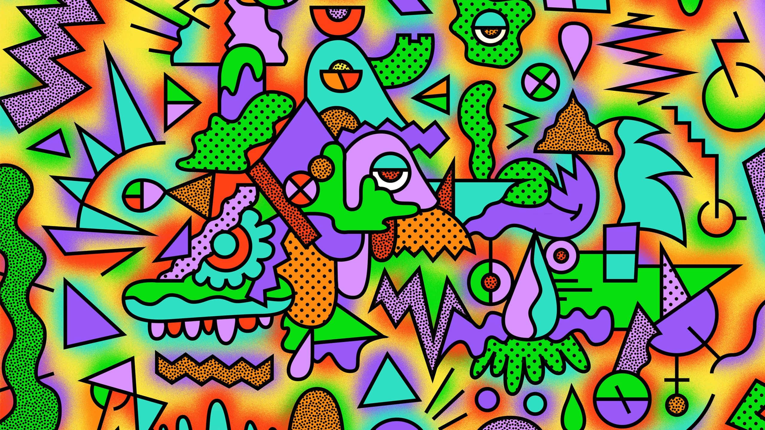 90s computer, psychedelic shapes, bold colors, 2K Desktop Wallpaper