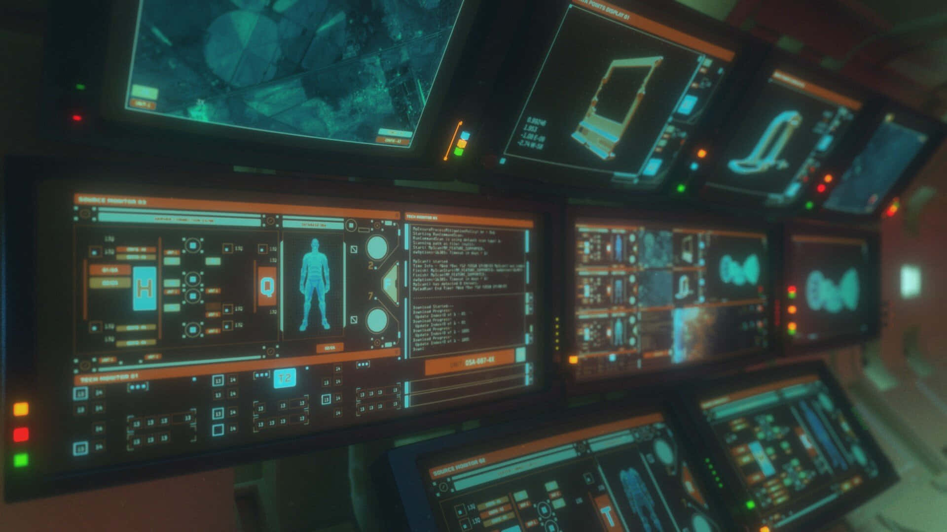 futuristic control room, glowing screens, holographic data, Full HD Desktop Wallpaper