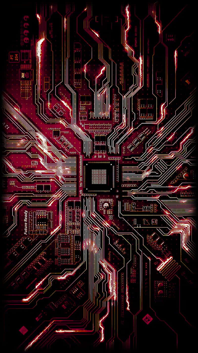 glowing red and black circuit board, intricate pathways, central chip, HD Phone Wallpaper