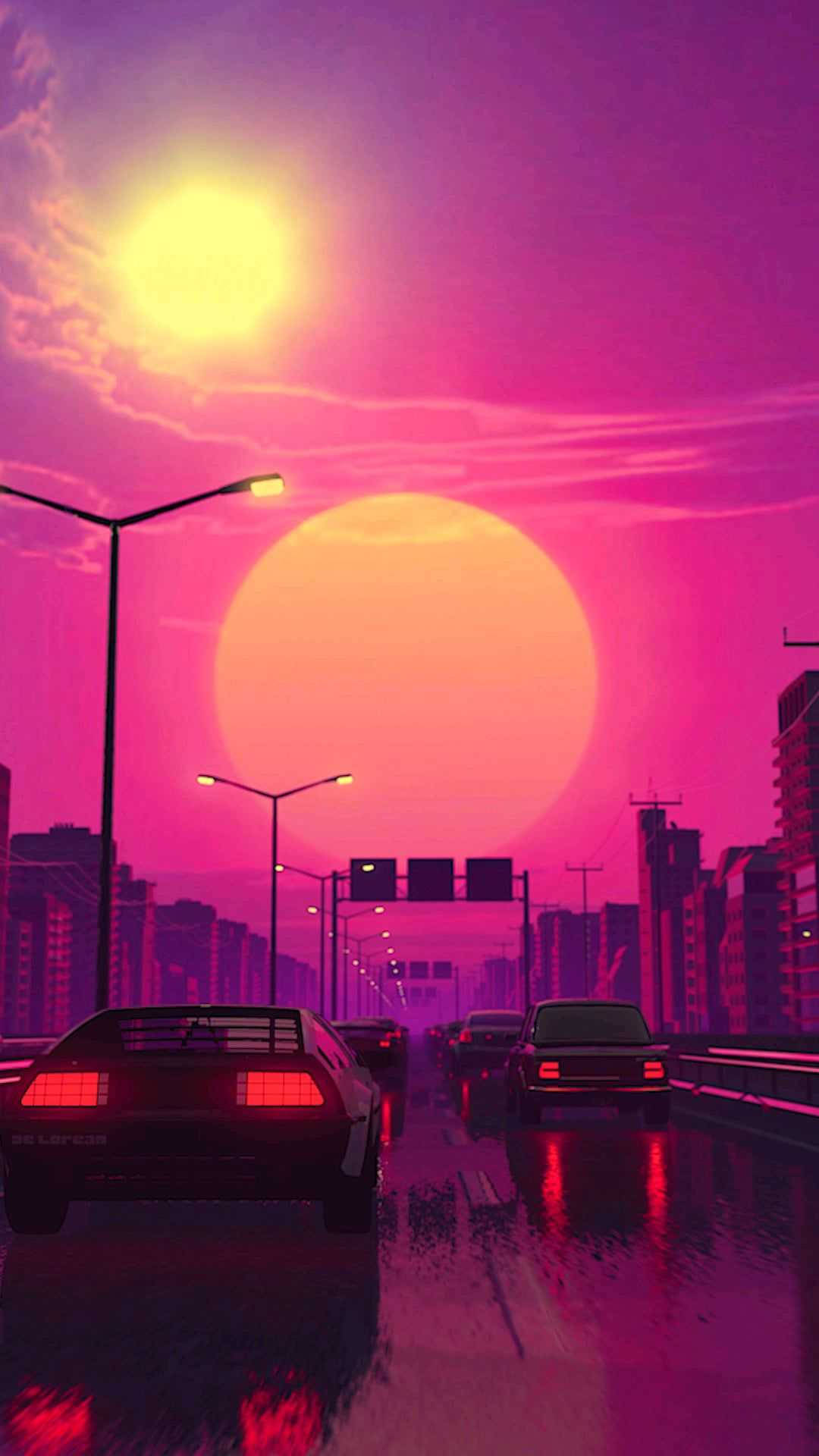 wet highway, giant sun, pink and orange glow, Full HD Phone Wallpaper