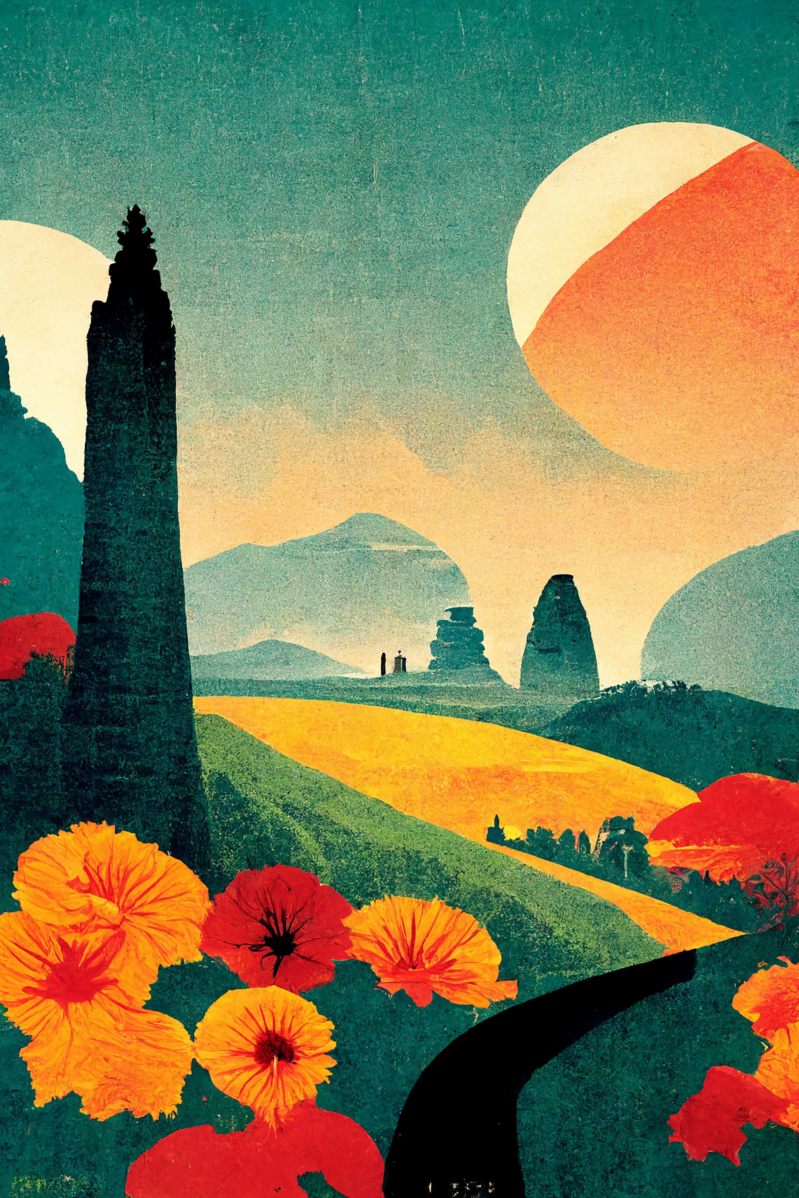 teal sky, large orange suns, bold orange flowers, 4K Phone Wallpaper