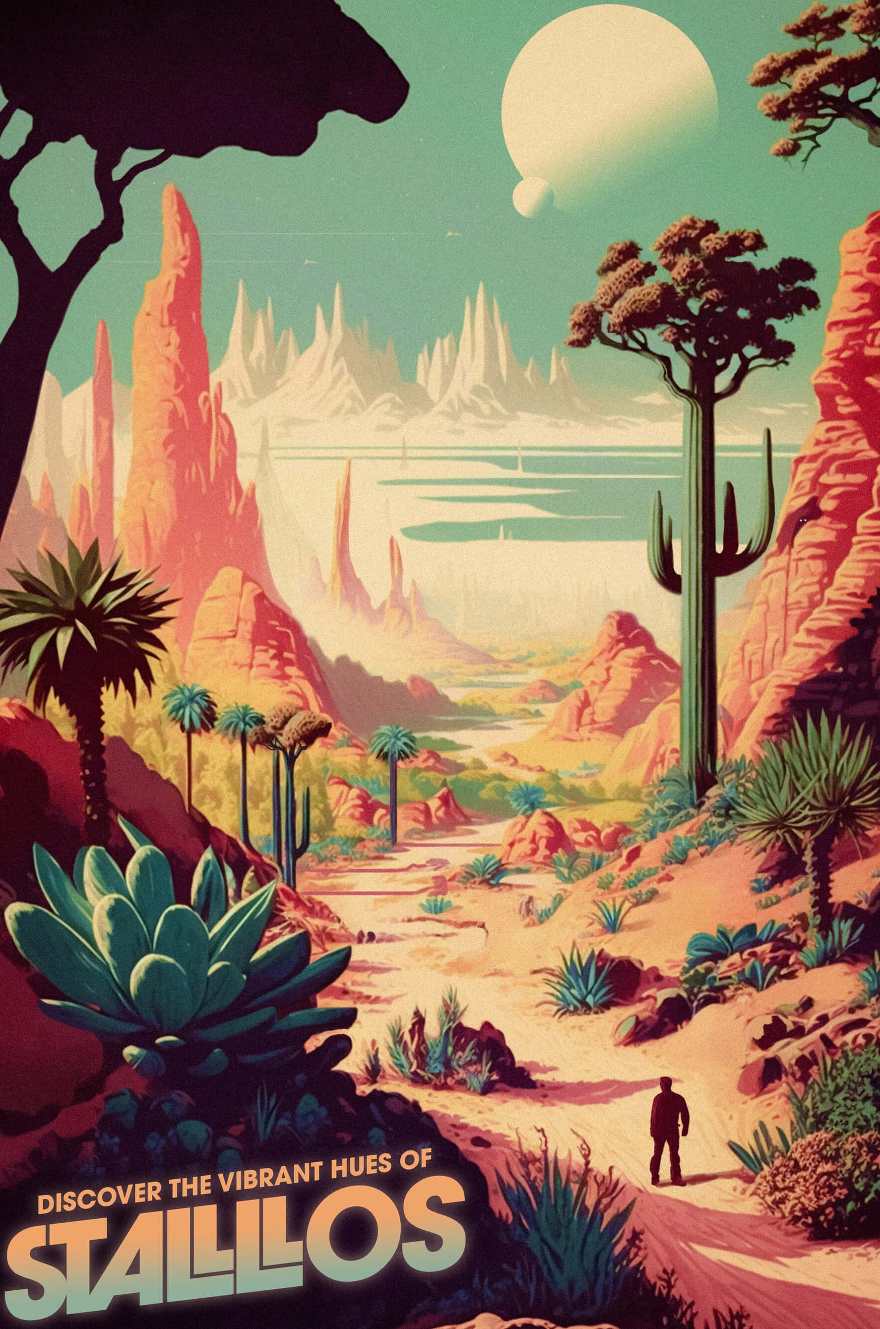 classic retro travel, wilderness, surreal alien desert, 2K Phone Wallpaper