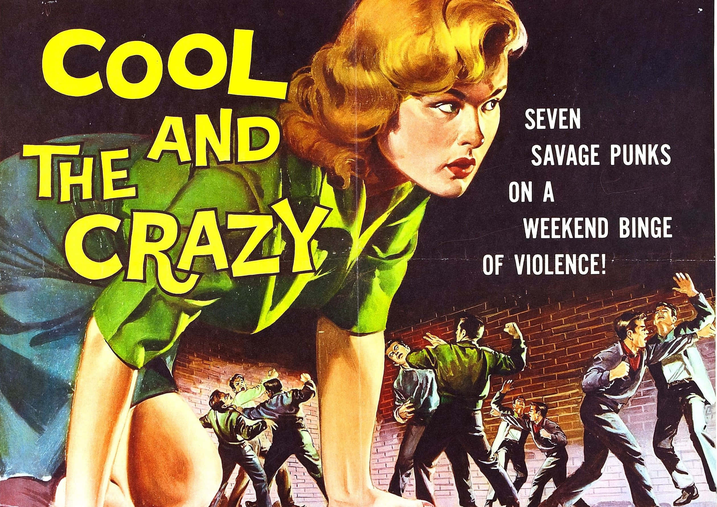 vintage pulp poster, blonde woman in green, group of men fighting, Full HD Desktop Wallpaper