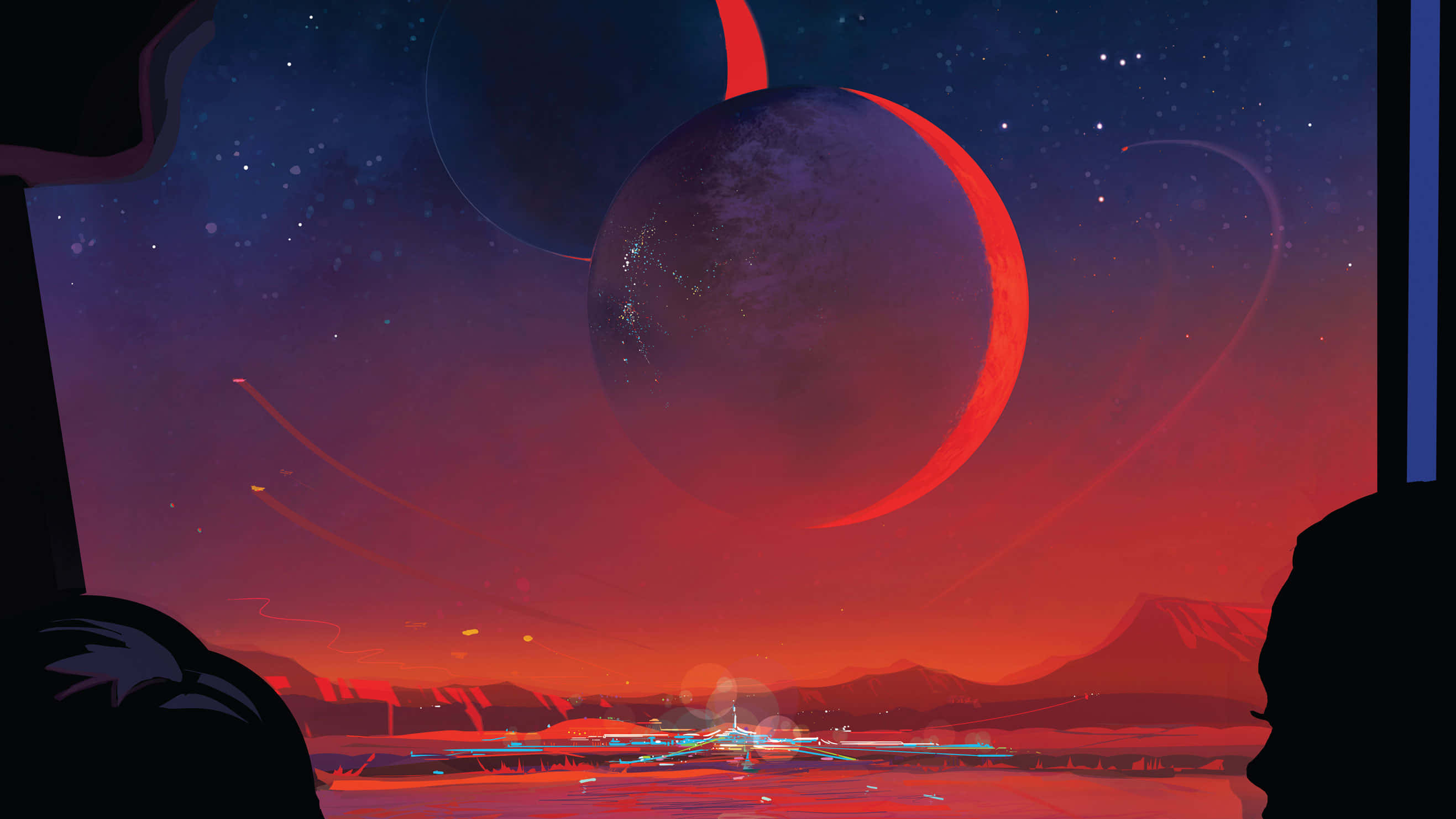 glowing red planet, distant moon, starry twilight sky, 2K Desktop Wallpaper