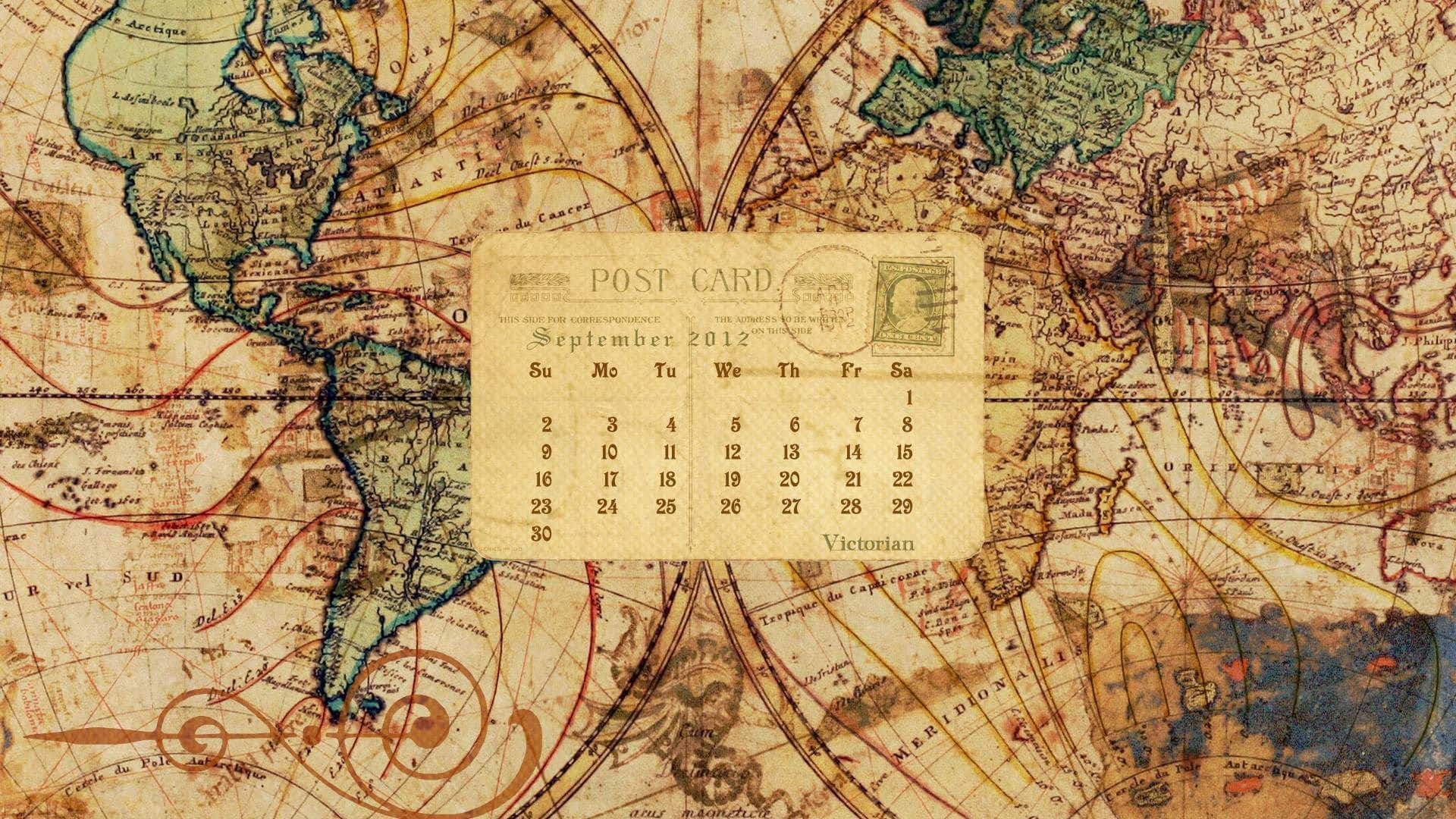 vintage sepia-toned world map, ornate details, 2012 Victorian-style postcard calendar, Full HD Desktop Wallpaper