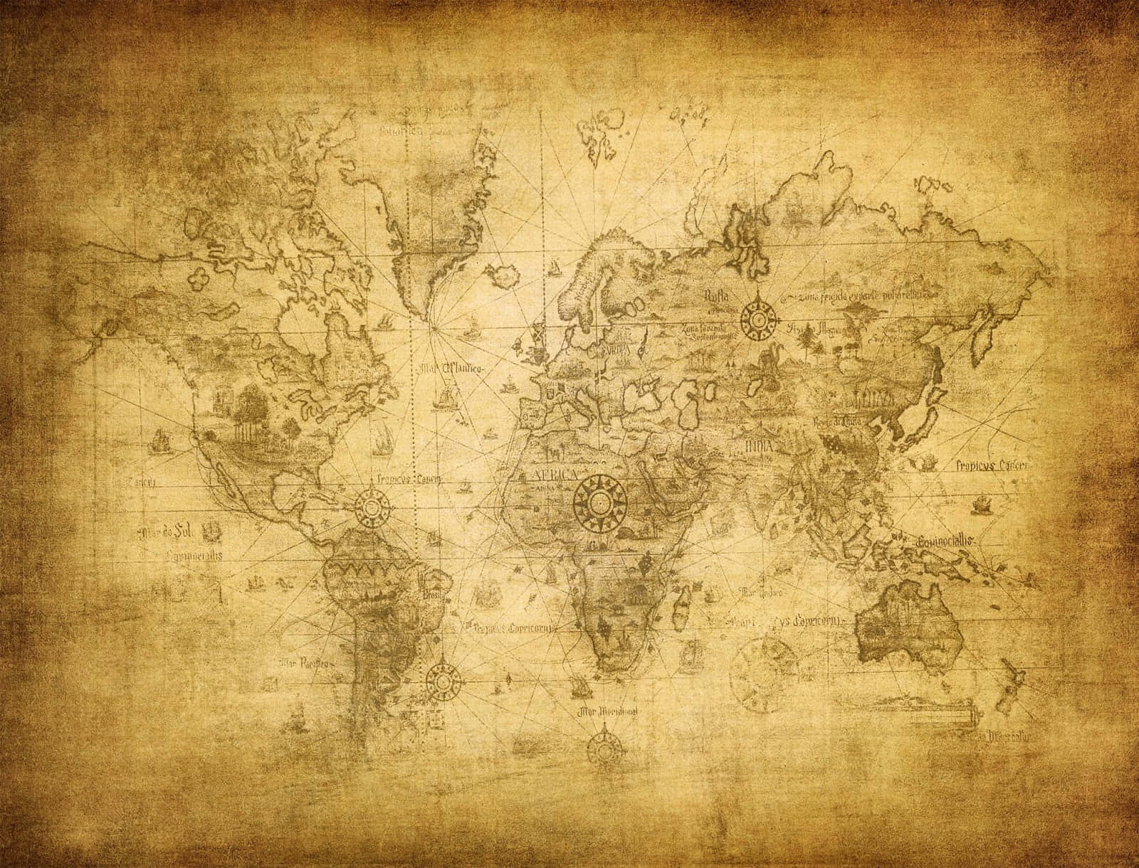 antique sepia-toned world map, faded ink sketches, continents, HD Desktop Wallpaper