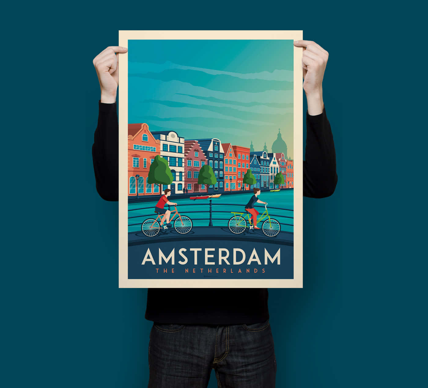 vintage travel poster, cyclists on a canal bridge, colorful Amsterdam buildings, HD Desktop Wallpaper