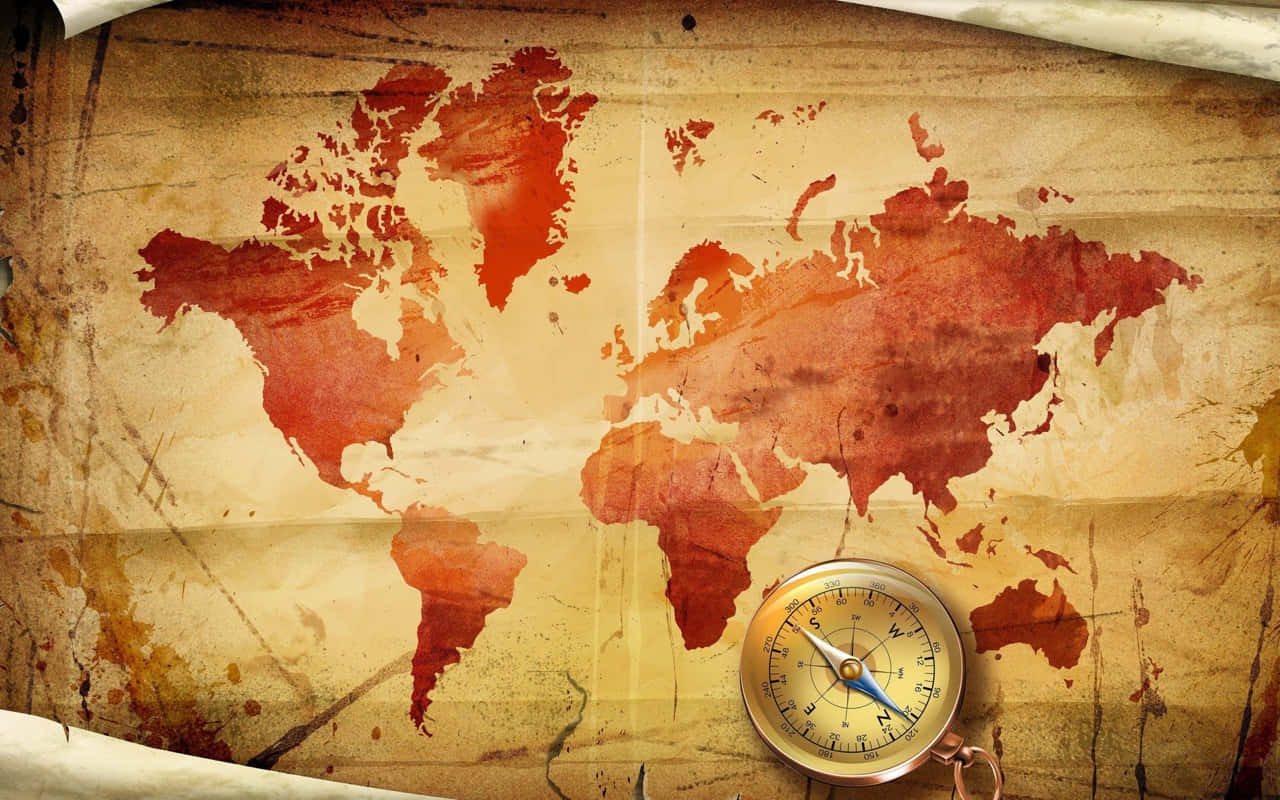 vintage world map, red watercolor continents, brass compass, HD Desktop Wallpaper