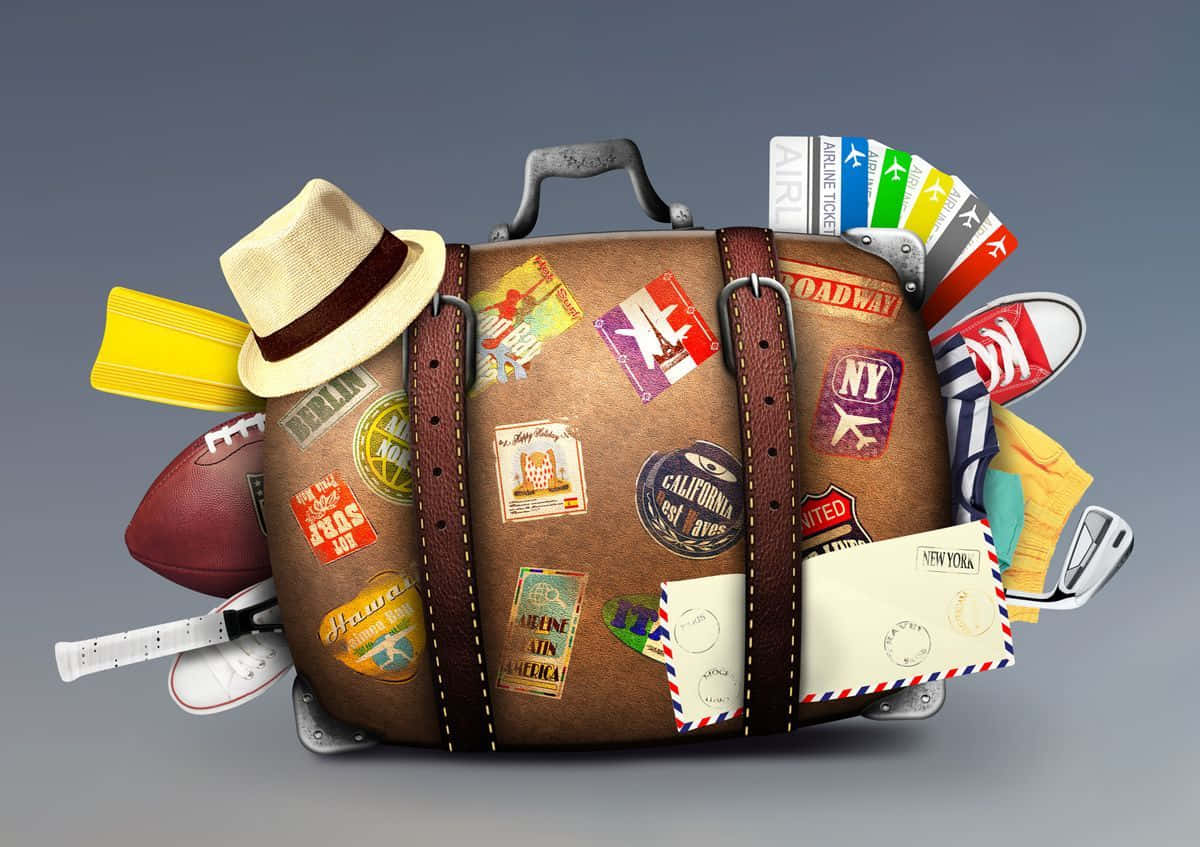 vintage brown suitcase, travel gear, destination stickers, SD Desktop Wallpaper