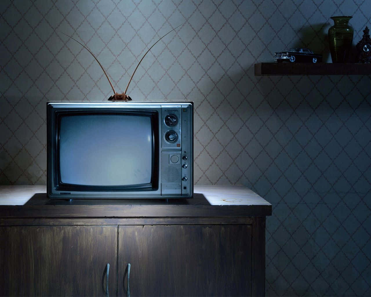 vintage TV, rabbit ears, wooden cabinet, HD Desktop Wallpaper