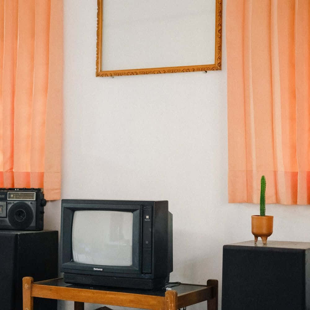 vintage black television, wooden stand, peach curtains, SD Desktop Wallpaper