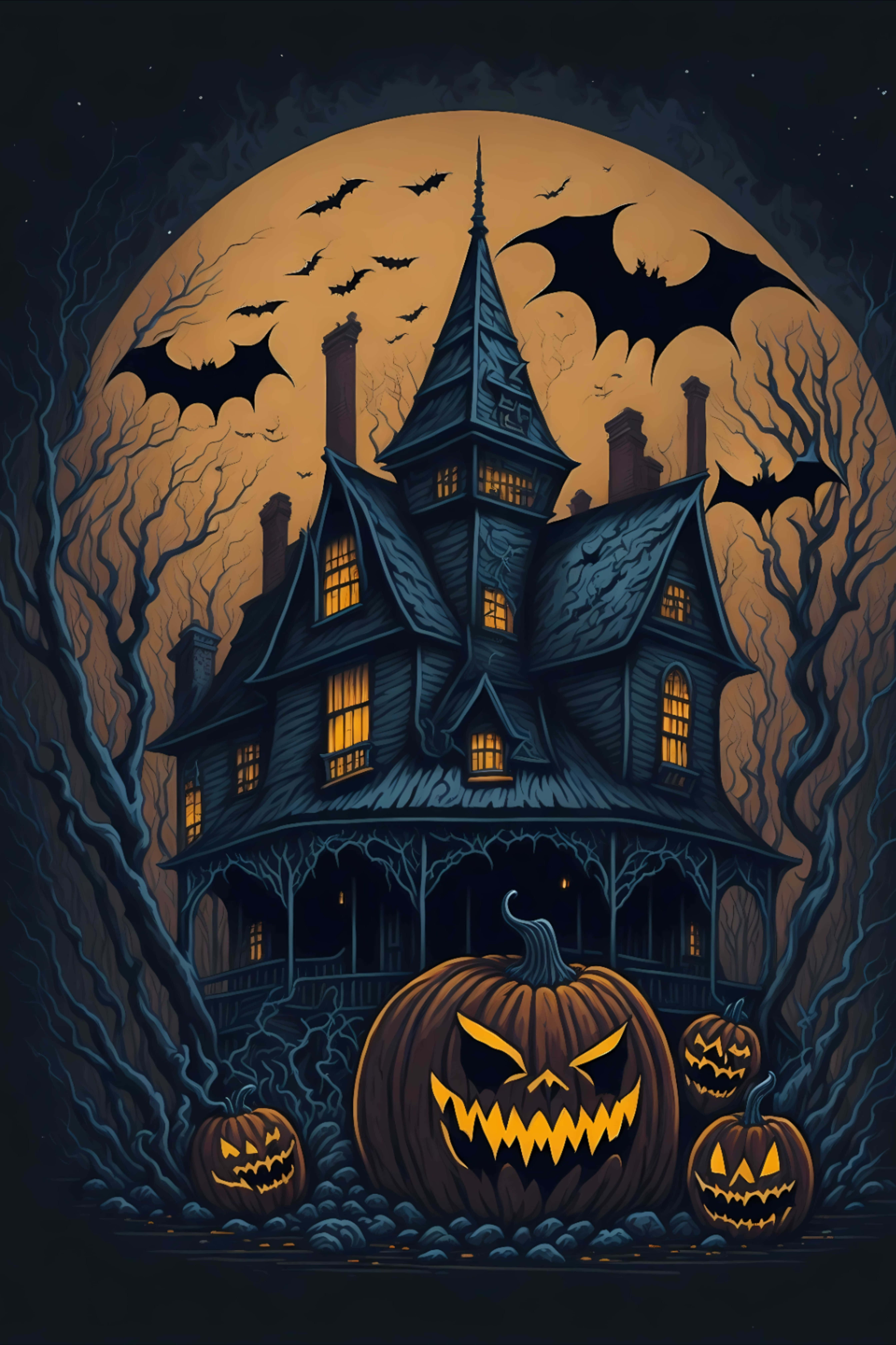 haunted house, glowing windows, full moon, 8K Phone Wallpaper