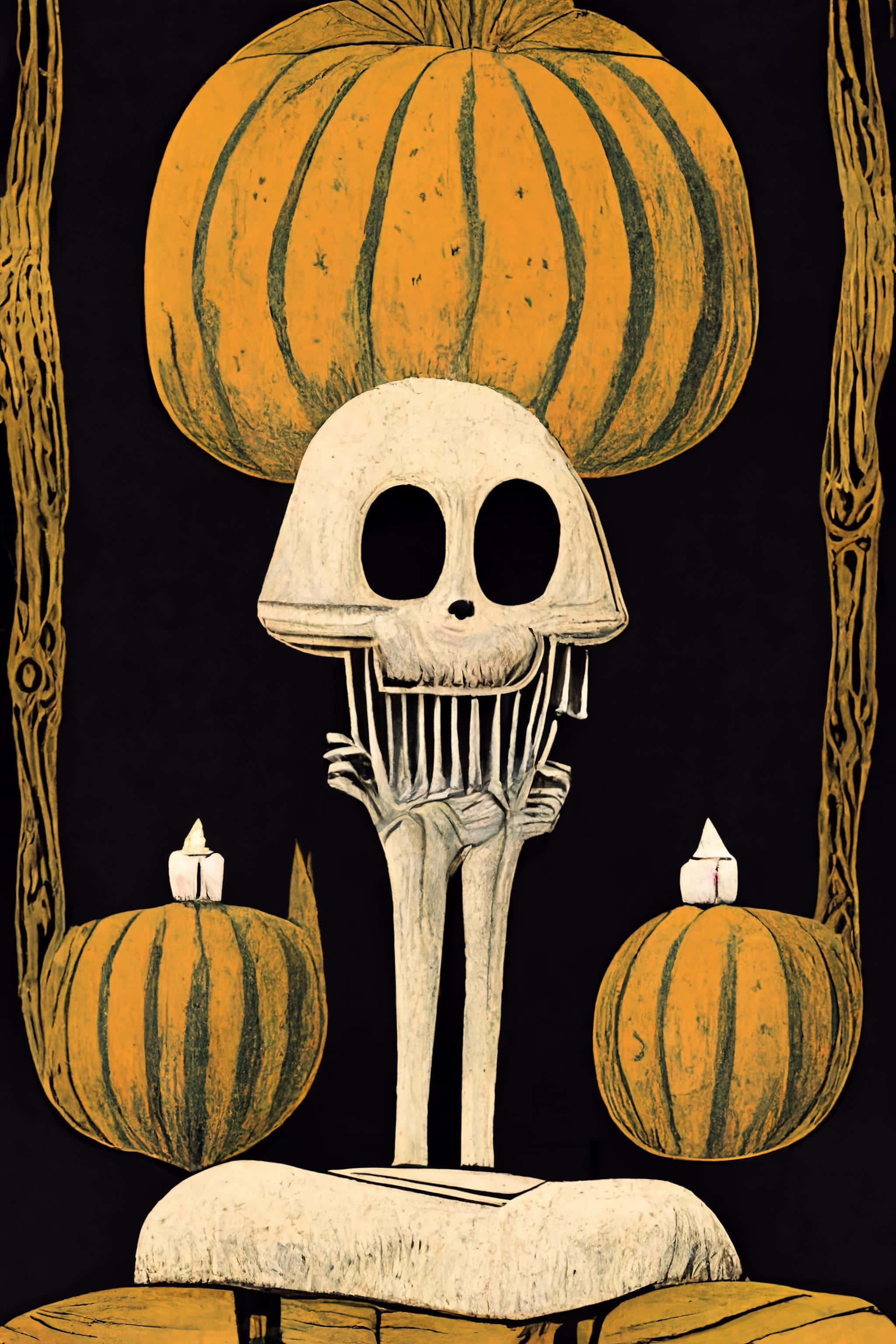 Retro Vintage Halloween, skull pumpkin illustration, skeletal figure, 2K Phone Wallpaper