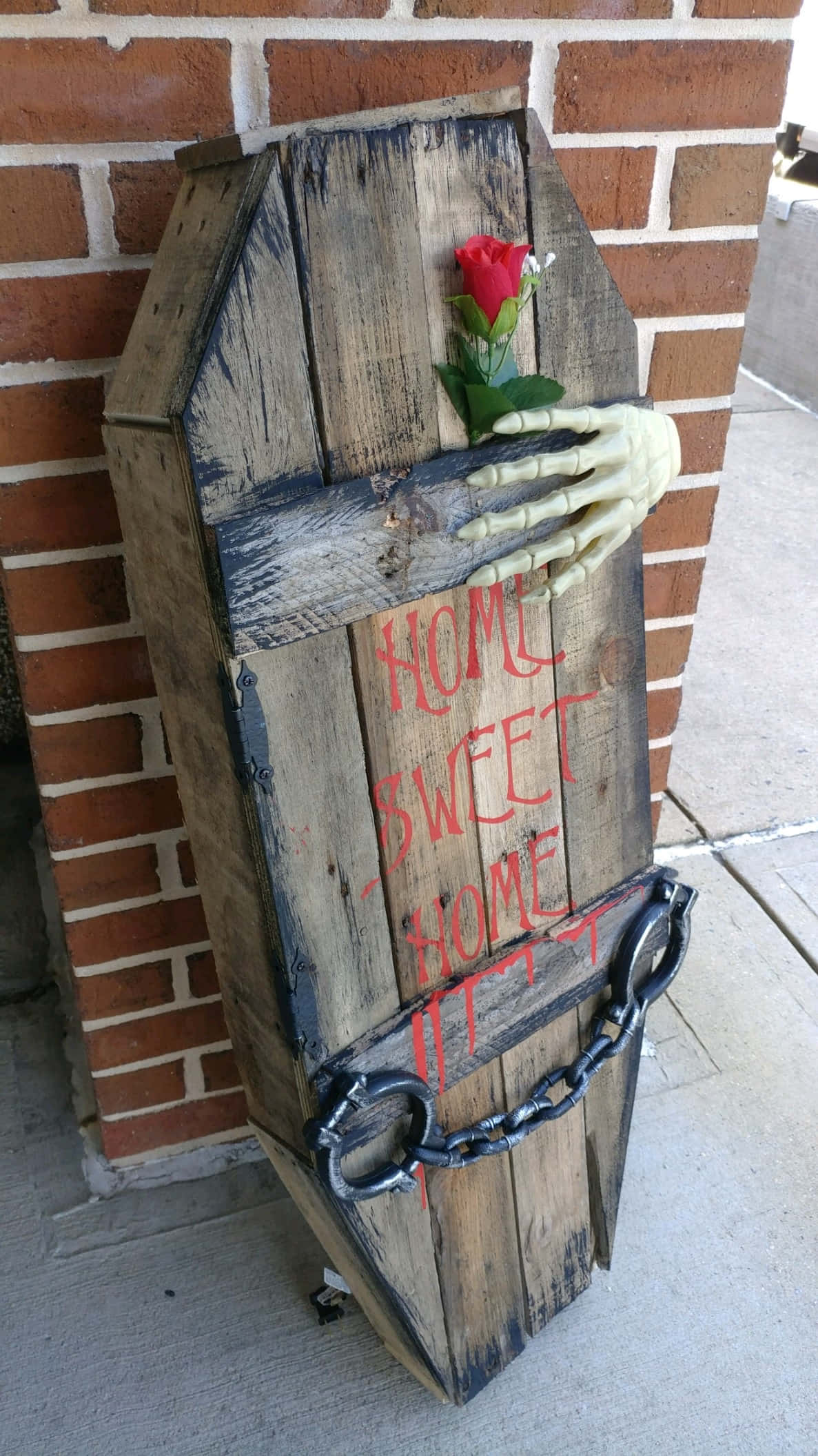 rustic wooden coffin, brick wall, red rose, Full HD Phone Wallpaper