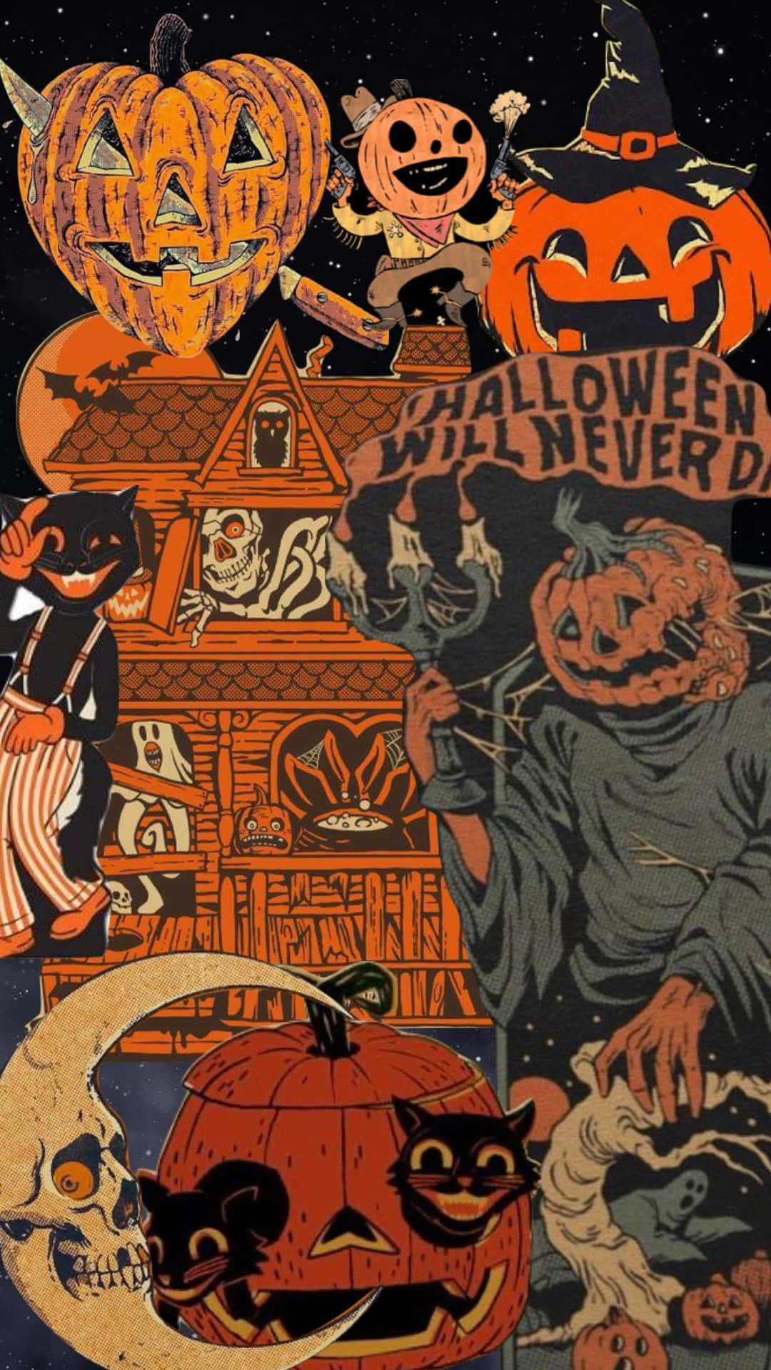 Retro Vintage Halloween, jack-o-lanterns, witches, Full HD Phone Wallpaper