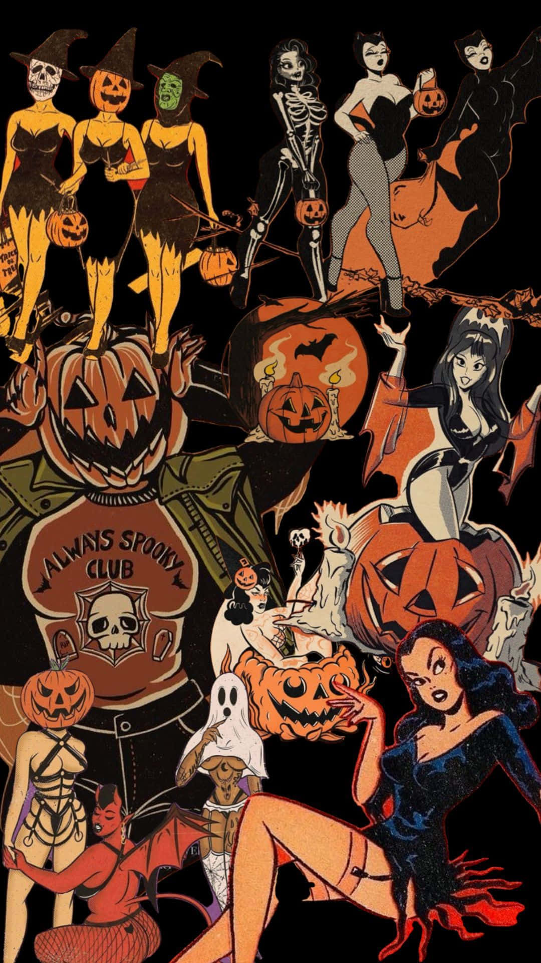 Retro Vintage Halloween, witches, skeletons, Full HD Phone Wallpaper
