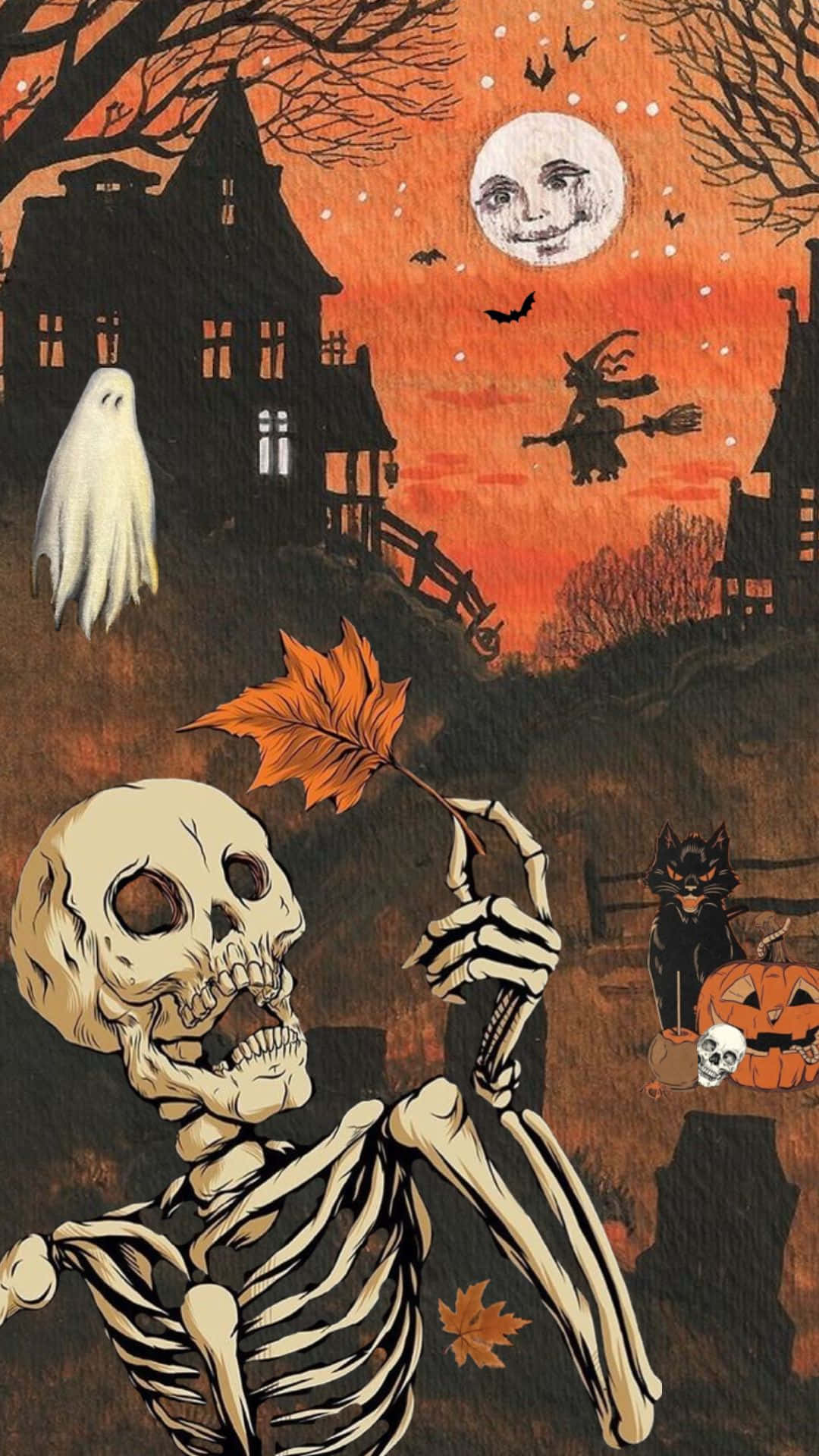 Retro Halloween, skeleton, black cat, Full HD Phone Wallpaper