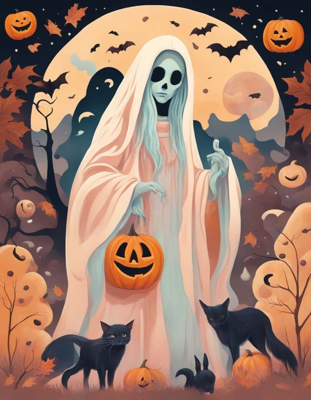Retro Vintage Halloween, ghostly figure, flowing white robe, HD Phone Wallpaper