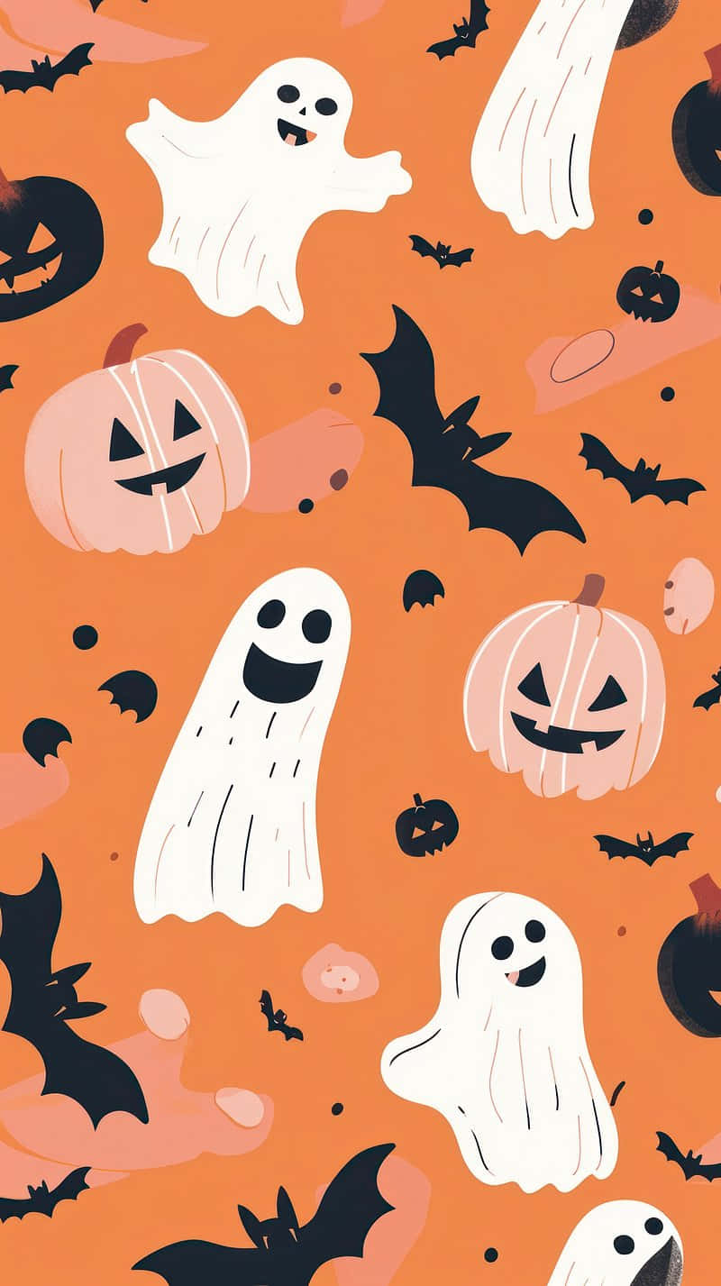 Retro Halloween Pattern, orange background, white ghosts, HD Phone Wallpaper