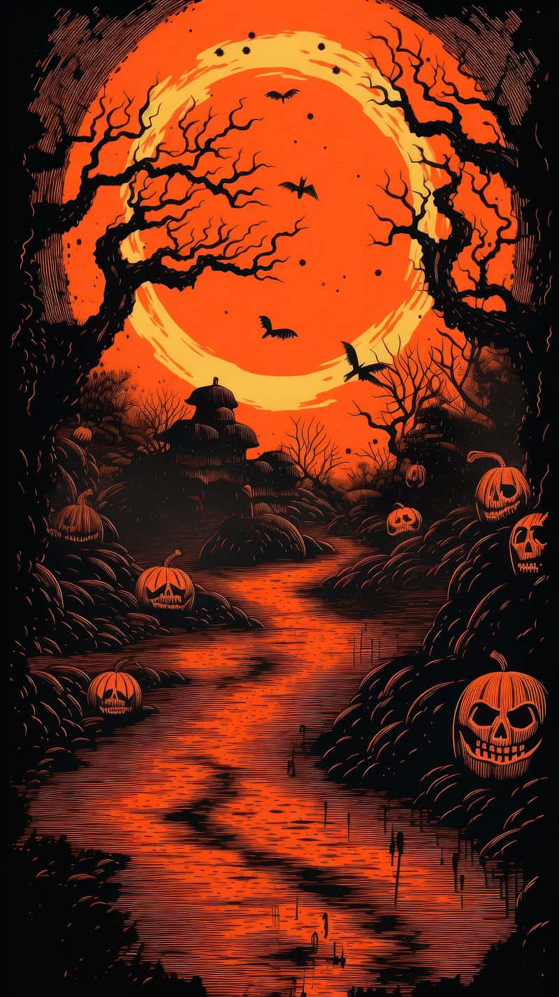 glowing orange moon, twisted trees, jack-o'-lanterns, HD Phone Wallpaper