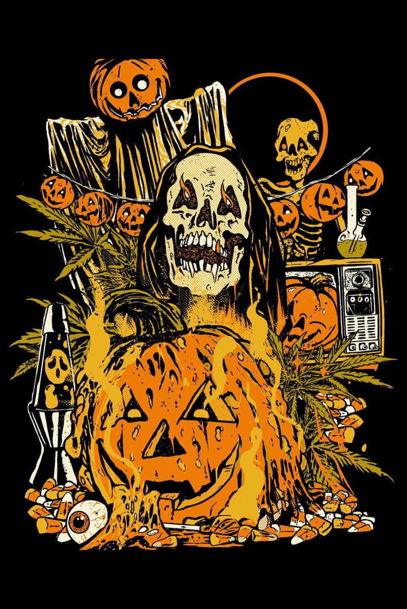 Retro Halloween, skull, pumpkins, SD Phone Wallpaper