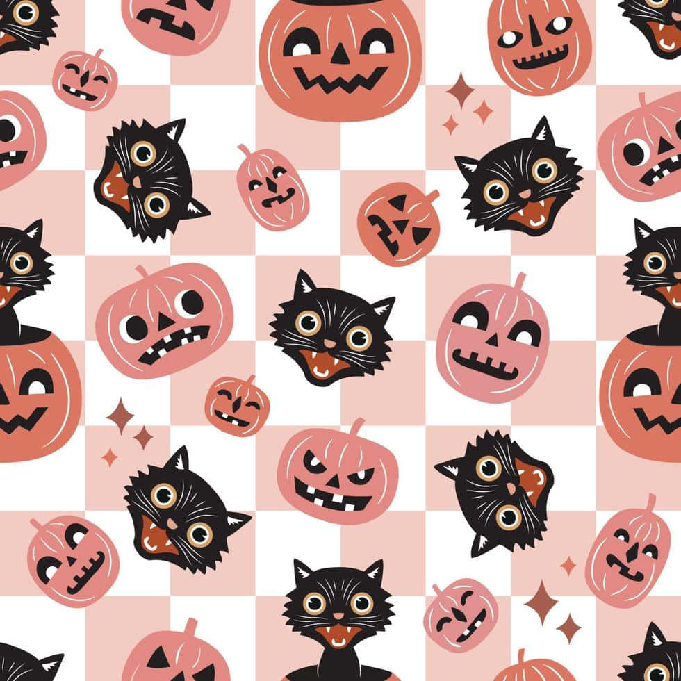 Retro Halloween Pattern, pink pumpkins, black cats, SD Desktop Wallpaper