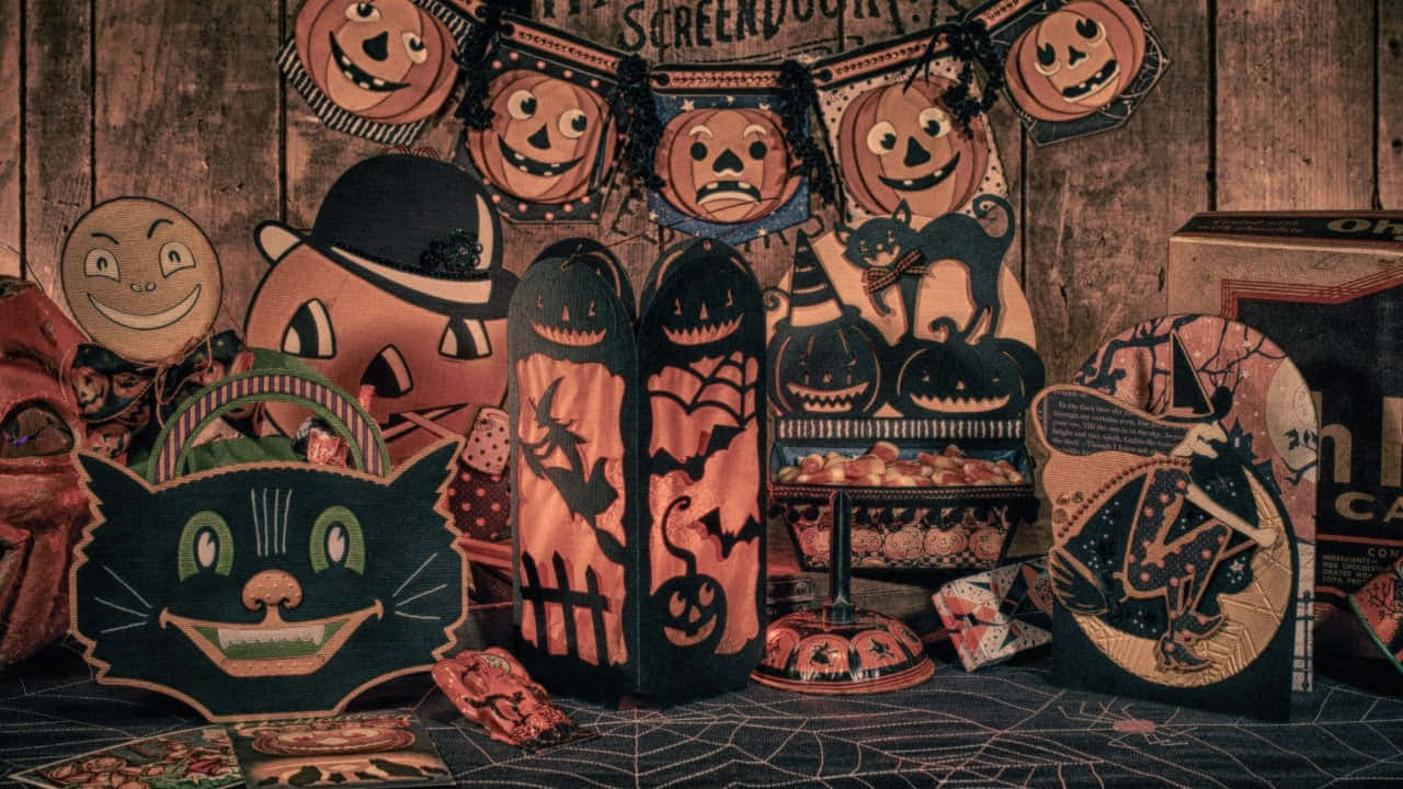Retro Vintage Halloween, jack-o-lanterns, bats, HD Desktop Wallpaper