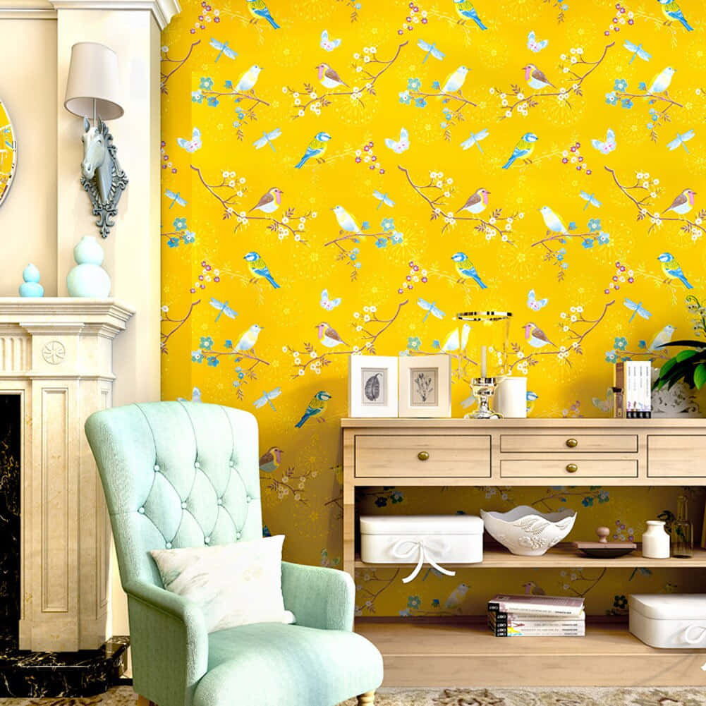 Retro Yellow, yellow wall, blue birds, SD Desktop Wallpaper