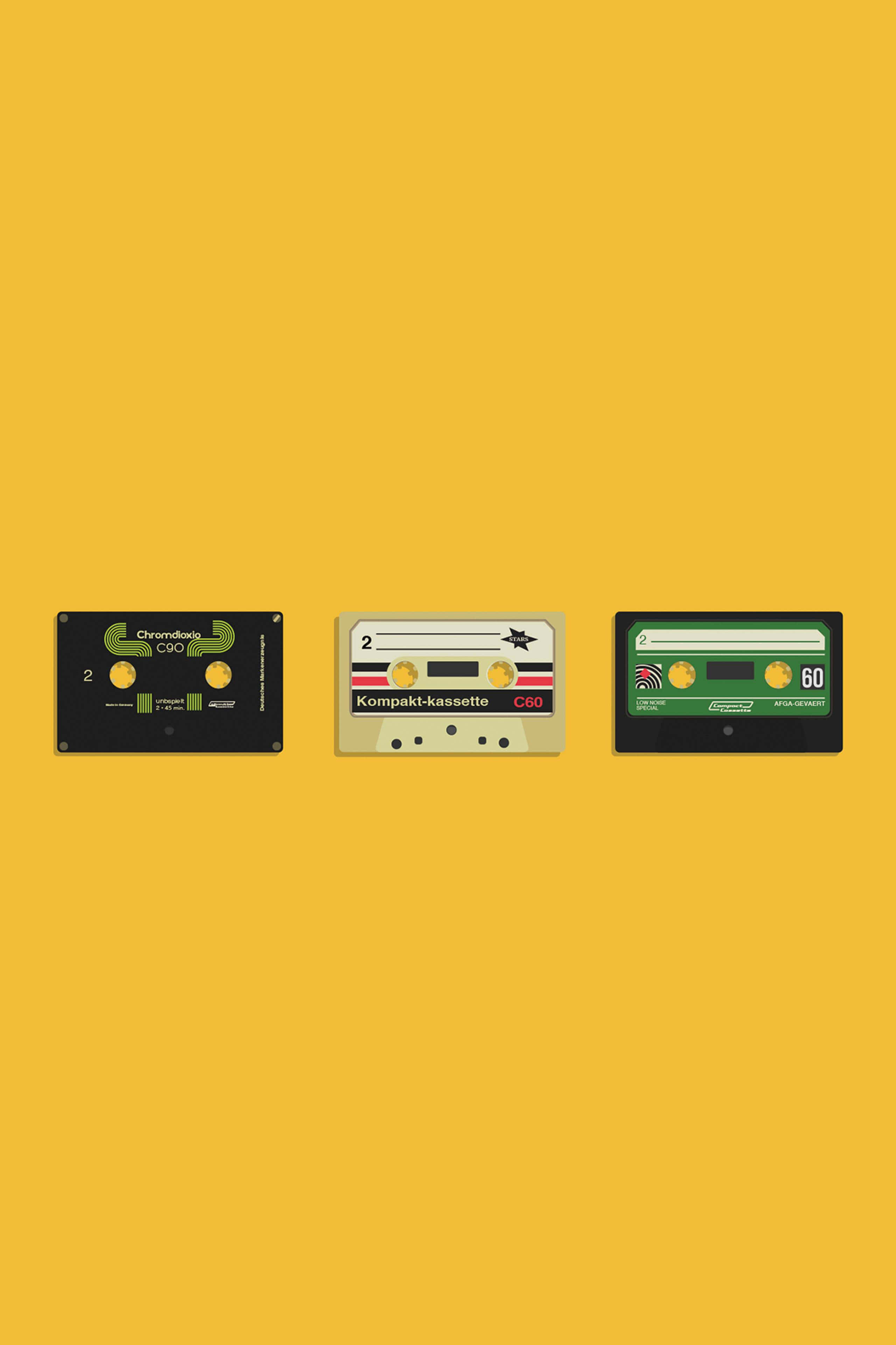 vintage cassette tapes, retro labels, mustard yellow background, 4K Phone Wallpaper